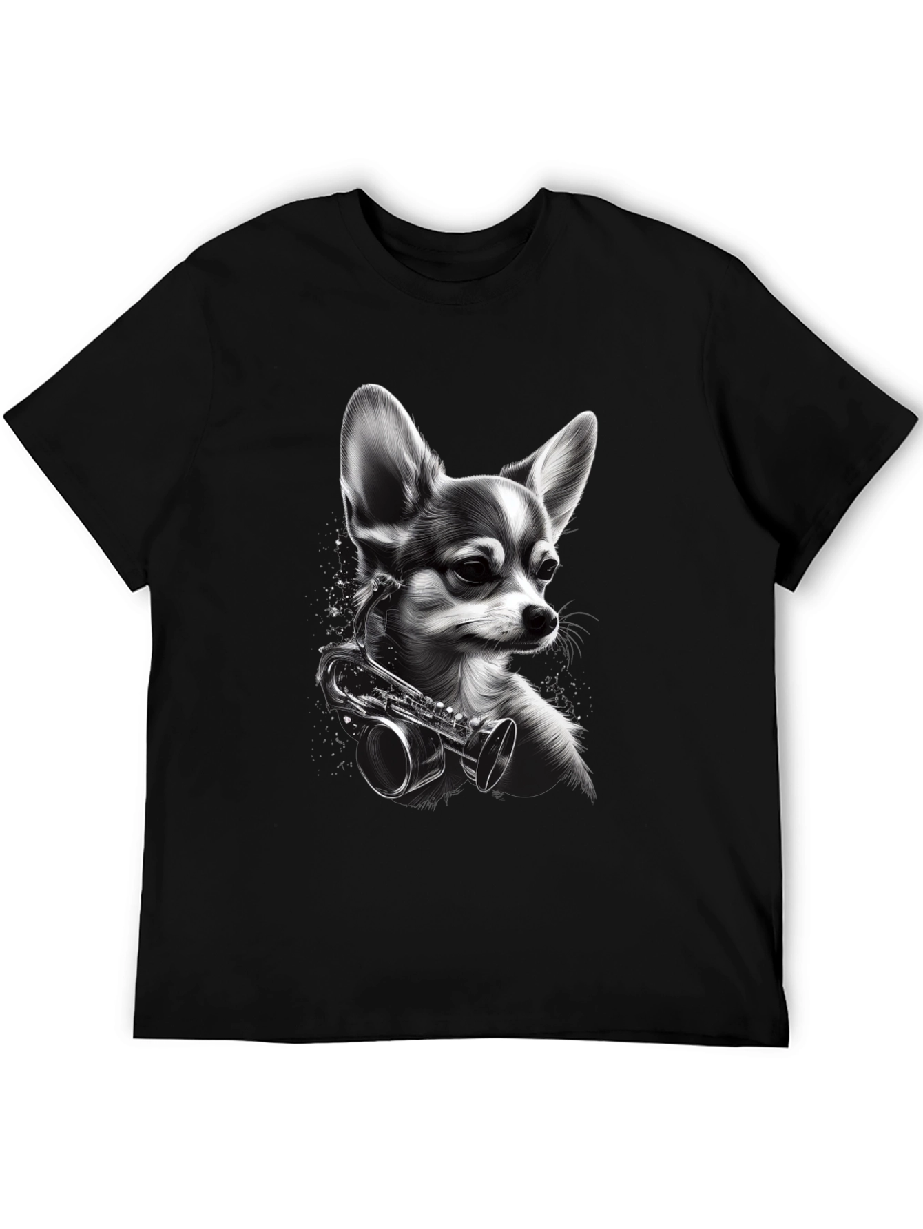 Dog with Saxophone Graphic T-Shirt - Black