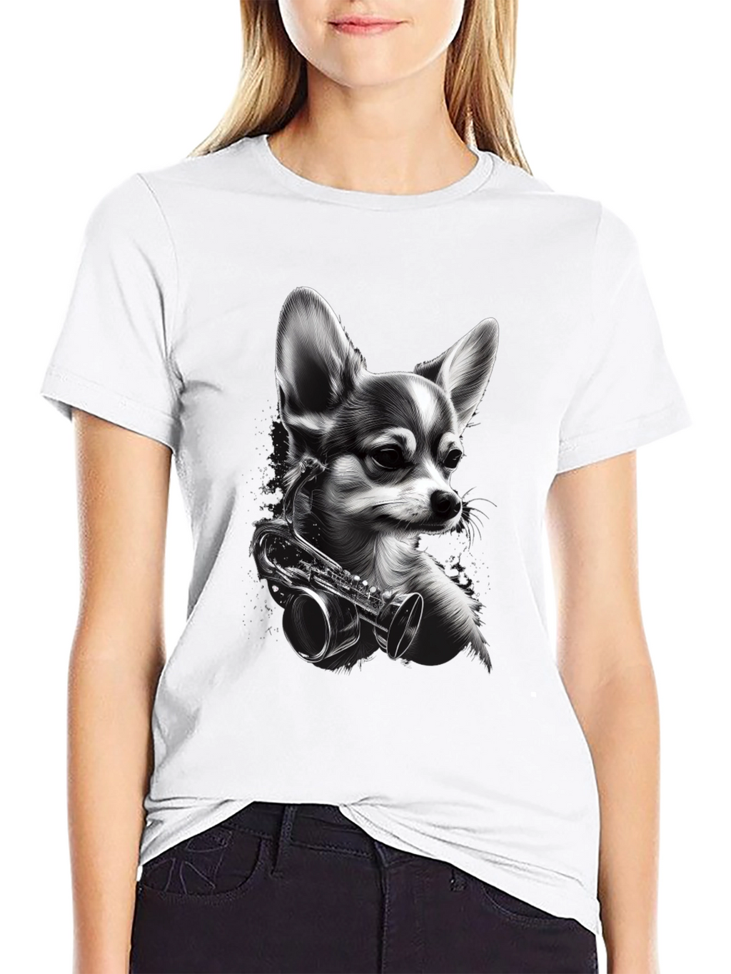 Dog with Saxophone Graphic T-Shirt - Black