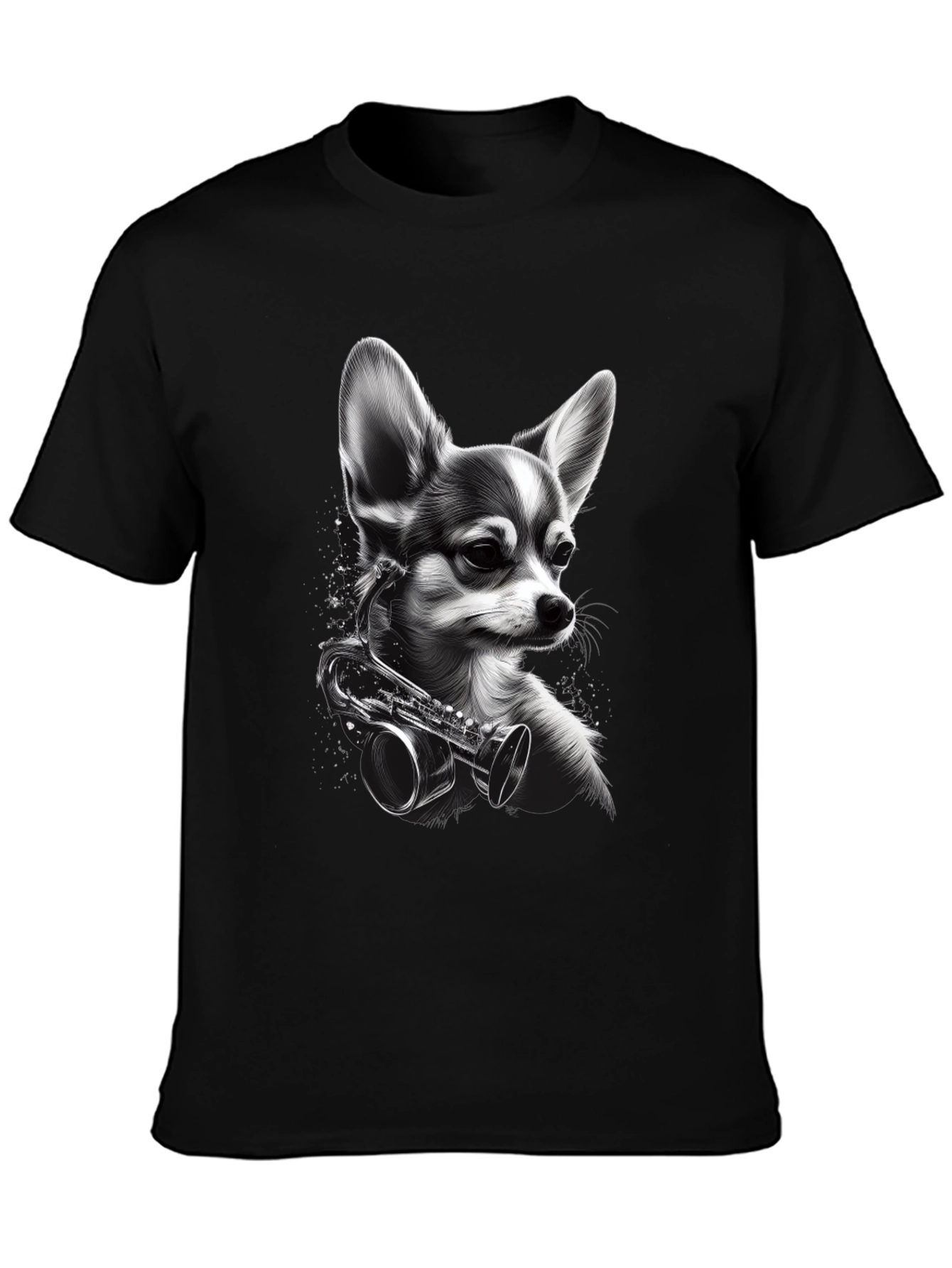 Dog with Saxophone Graphic T-Shirt - Black