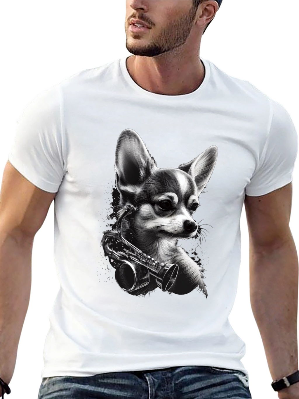 Dog with Saxophone Graphic T-Shirt - Black