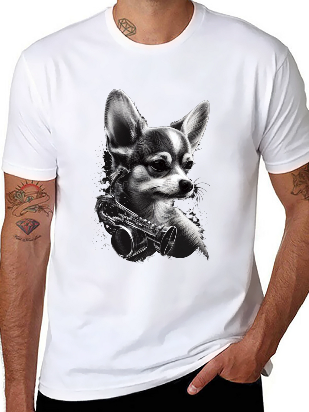 Dog with Saxophone Graphic T-Shirt - Black
