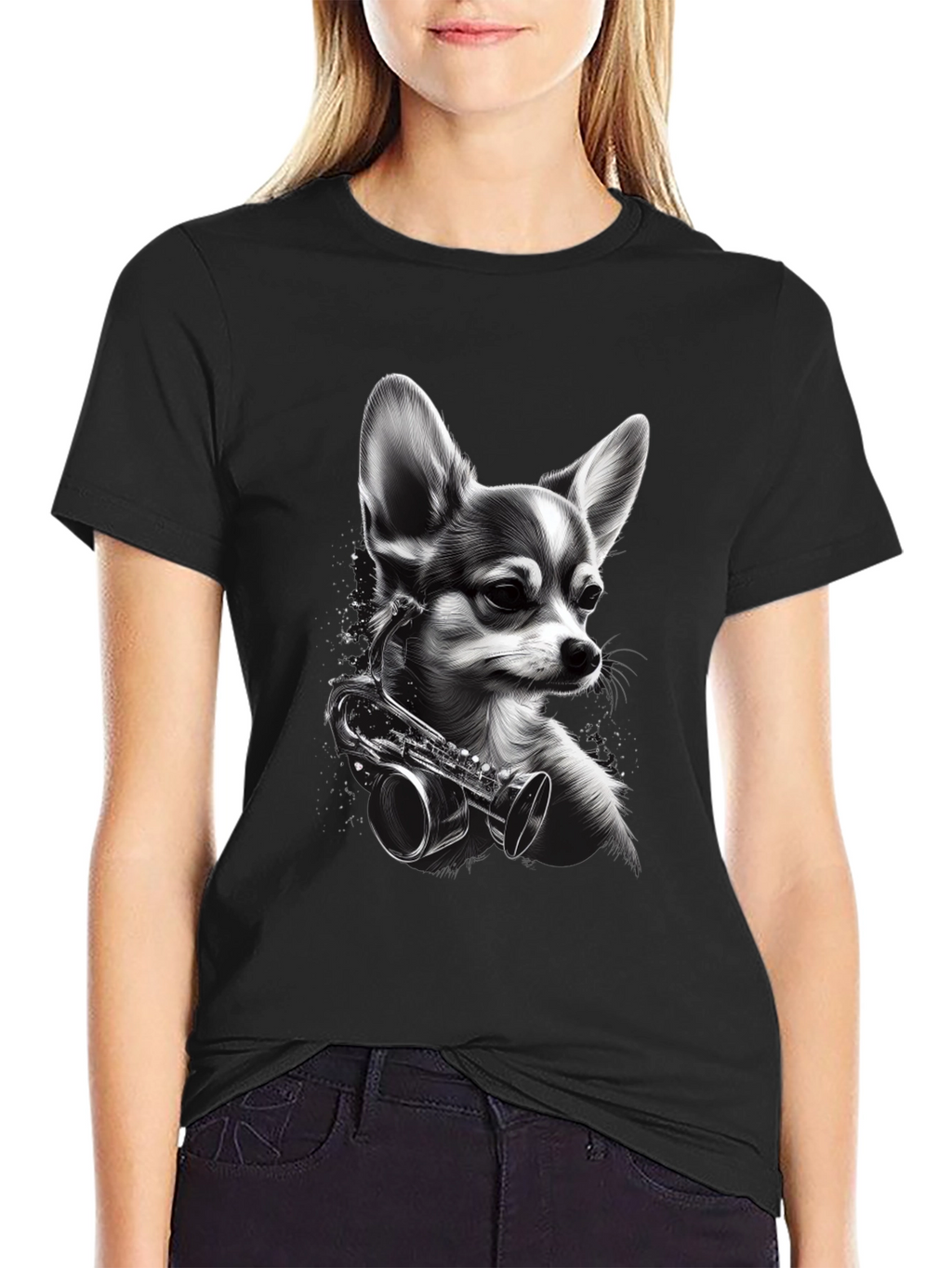 Dog with Saxophone Graphic T-Shirt - Black
