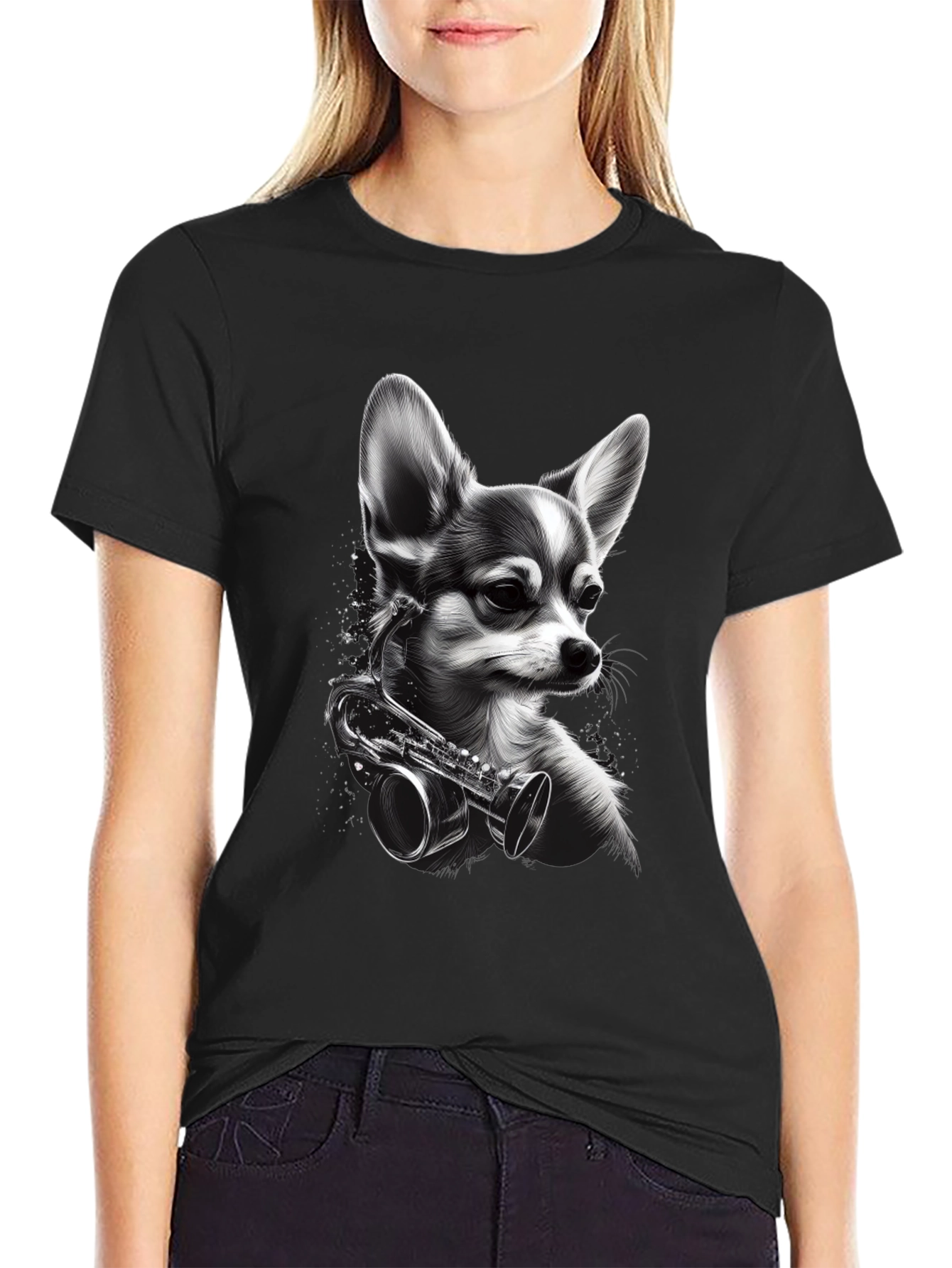 Dog with Saxophone Graphic T-Shirt - Black