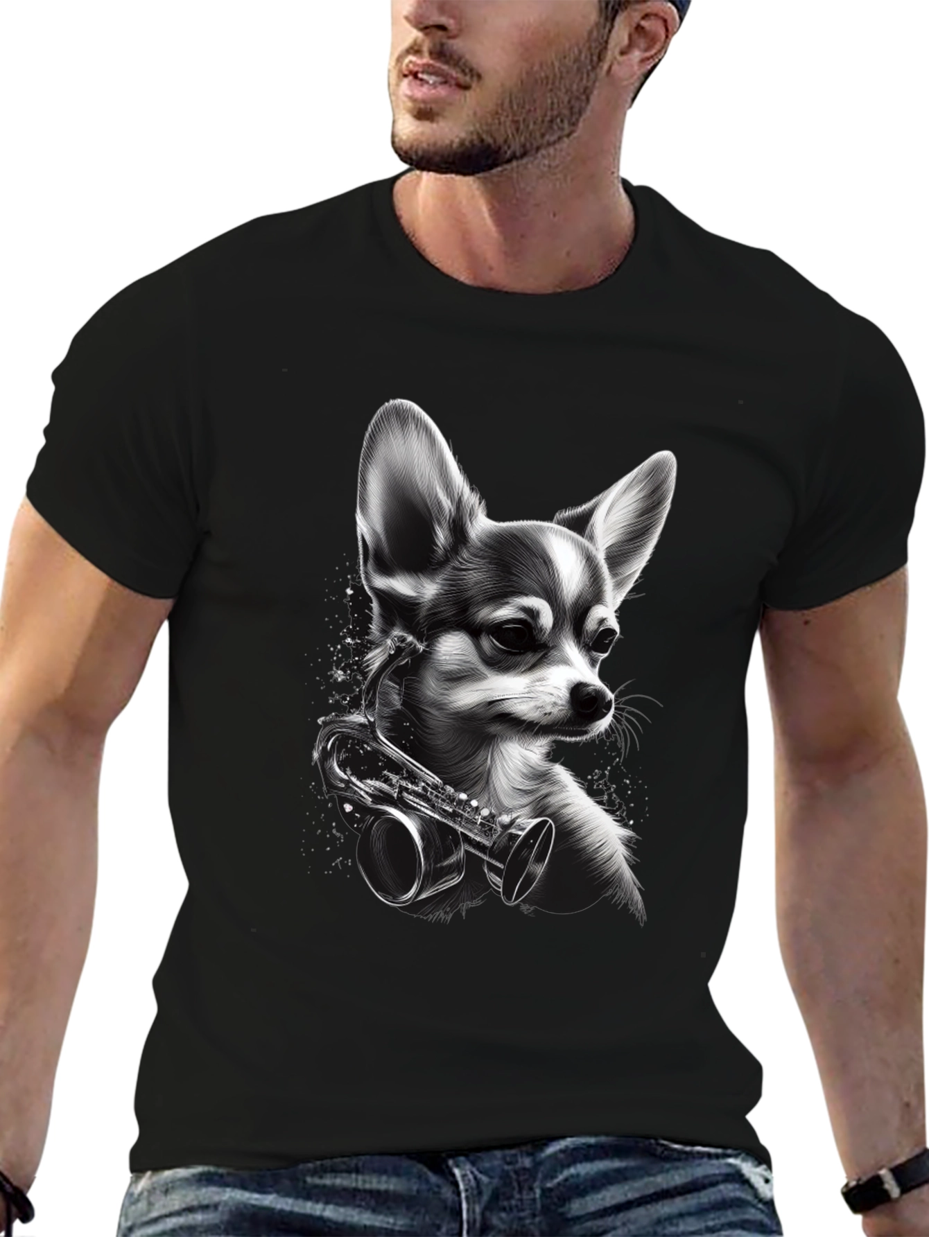 Dog with Saxophone Graphic T-Shirt - Black