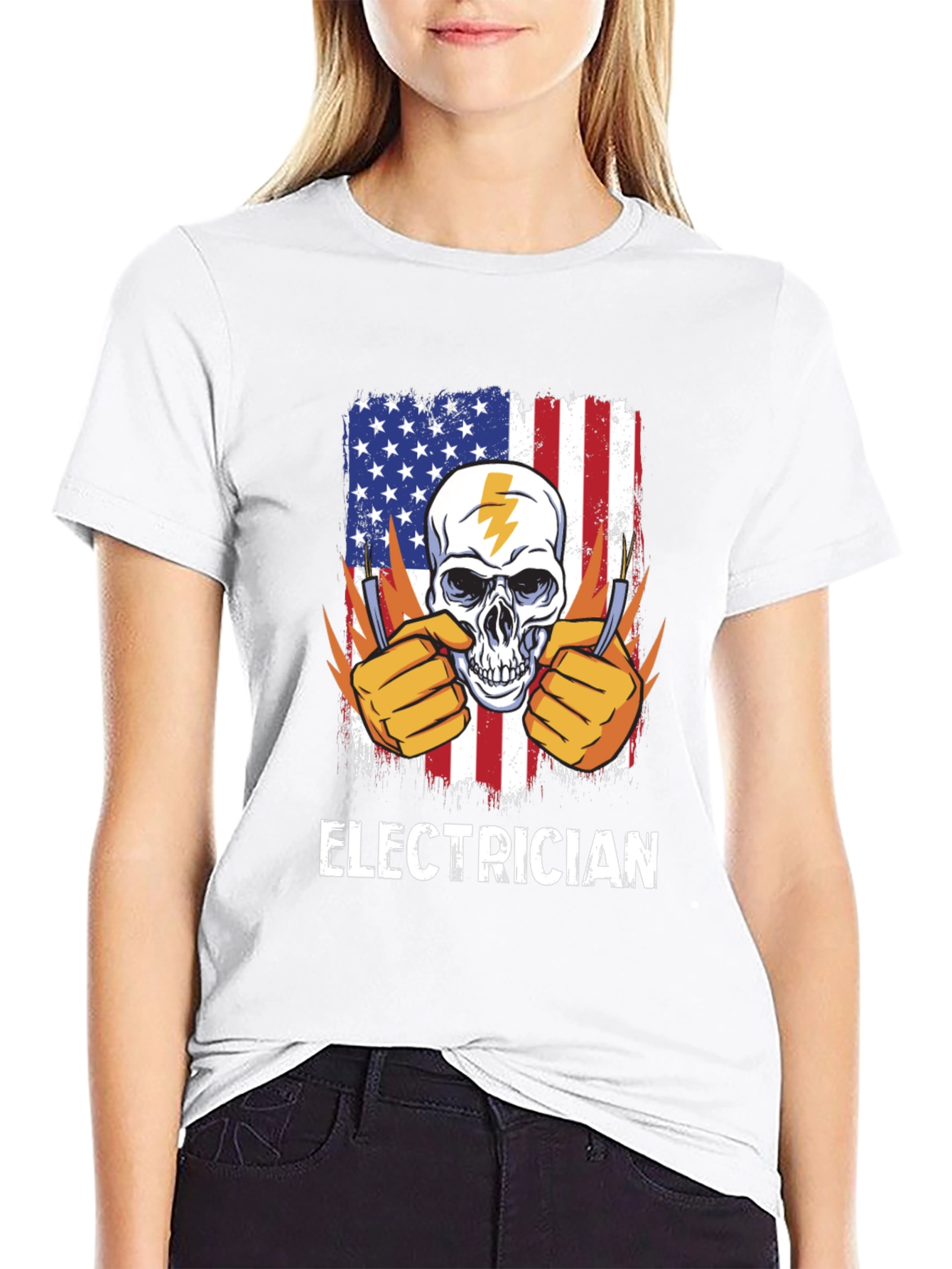 Electrician Skull USA Flag T-Shirt