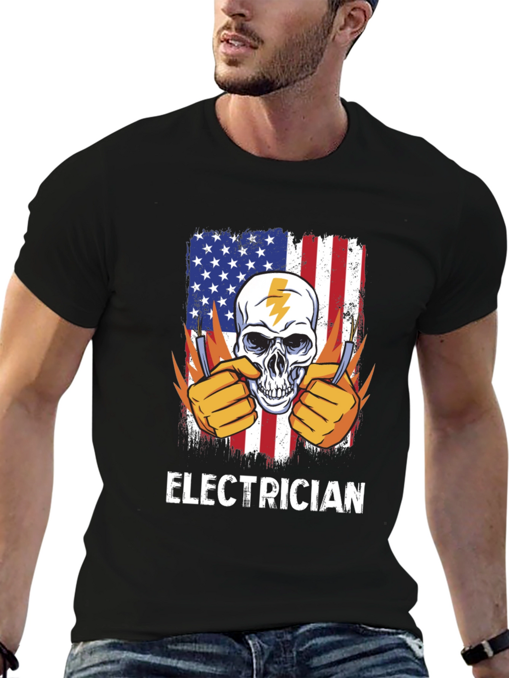 Electrician Skull USA Flag T-Shirt