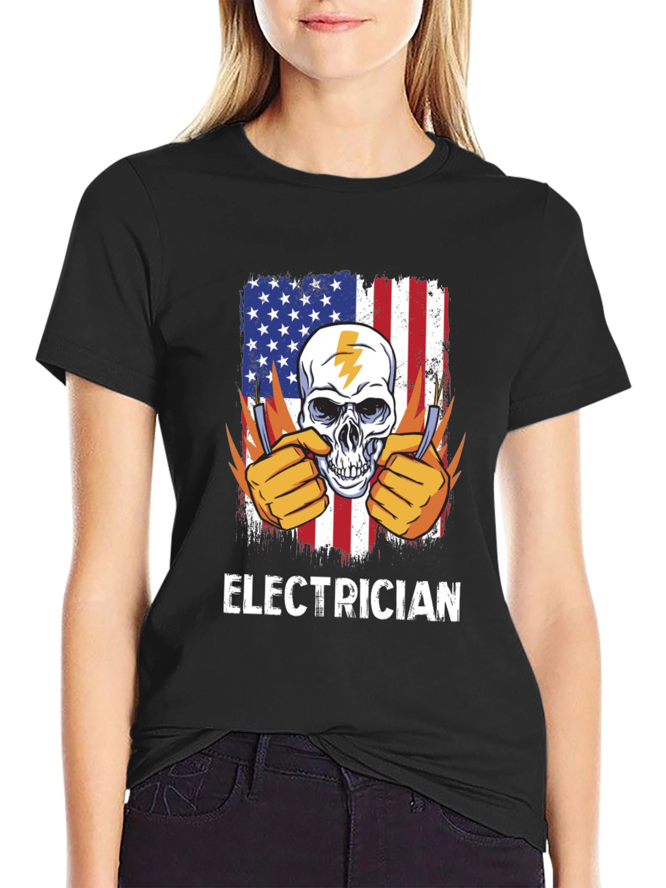 Electrician Skull USA Flag T-Shirt