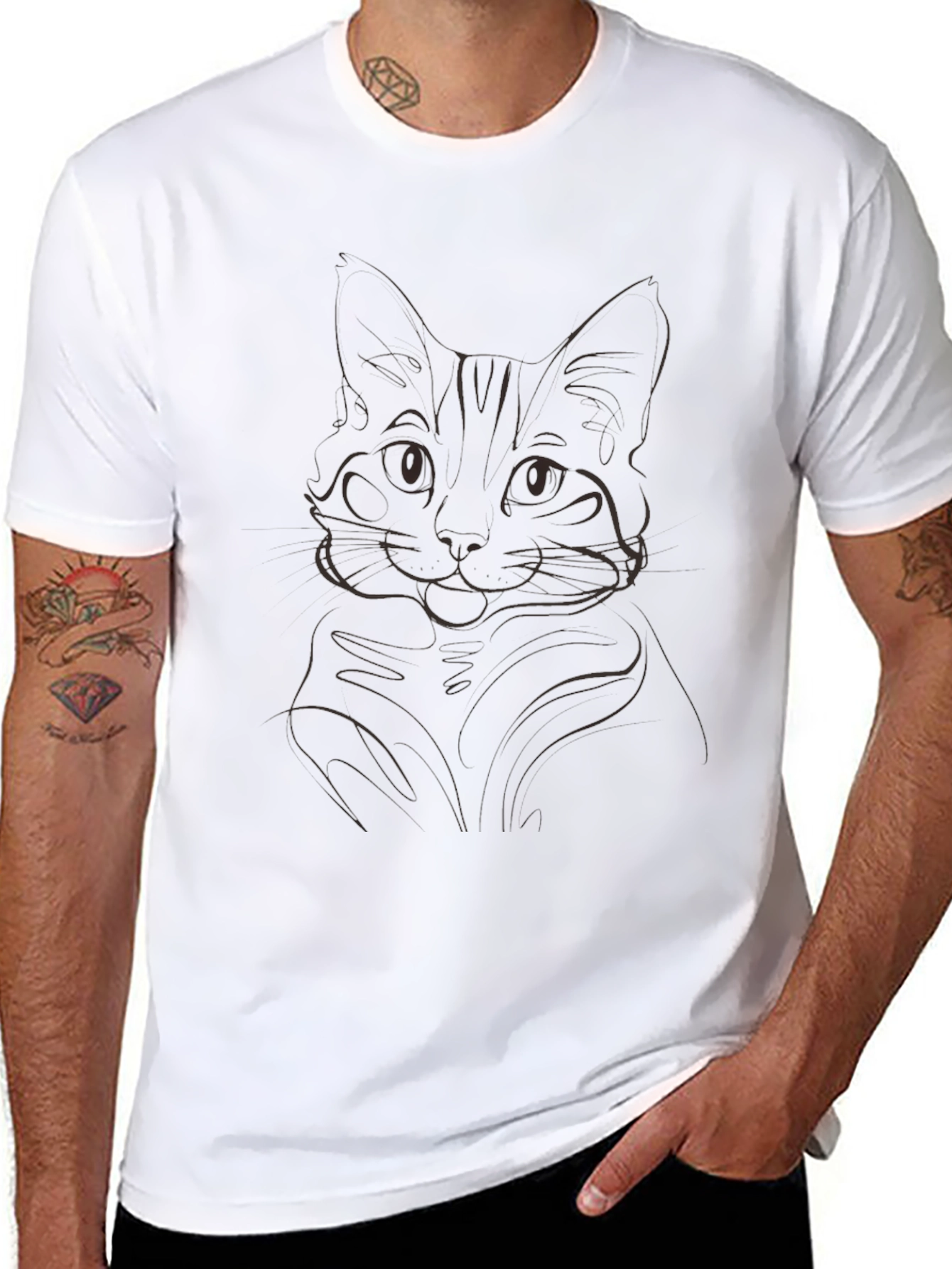 Cat Outline Black T-Shirt - Minimalist Style