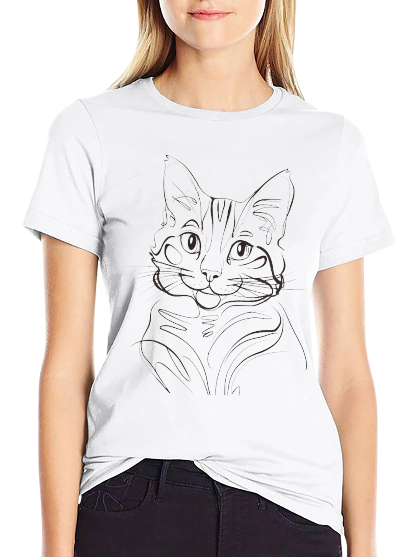 Cat Outline Black T-Shirt - Minimalist Style