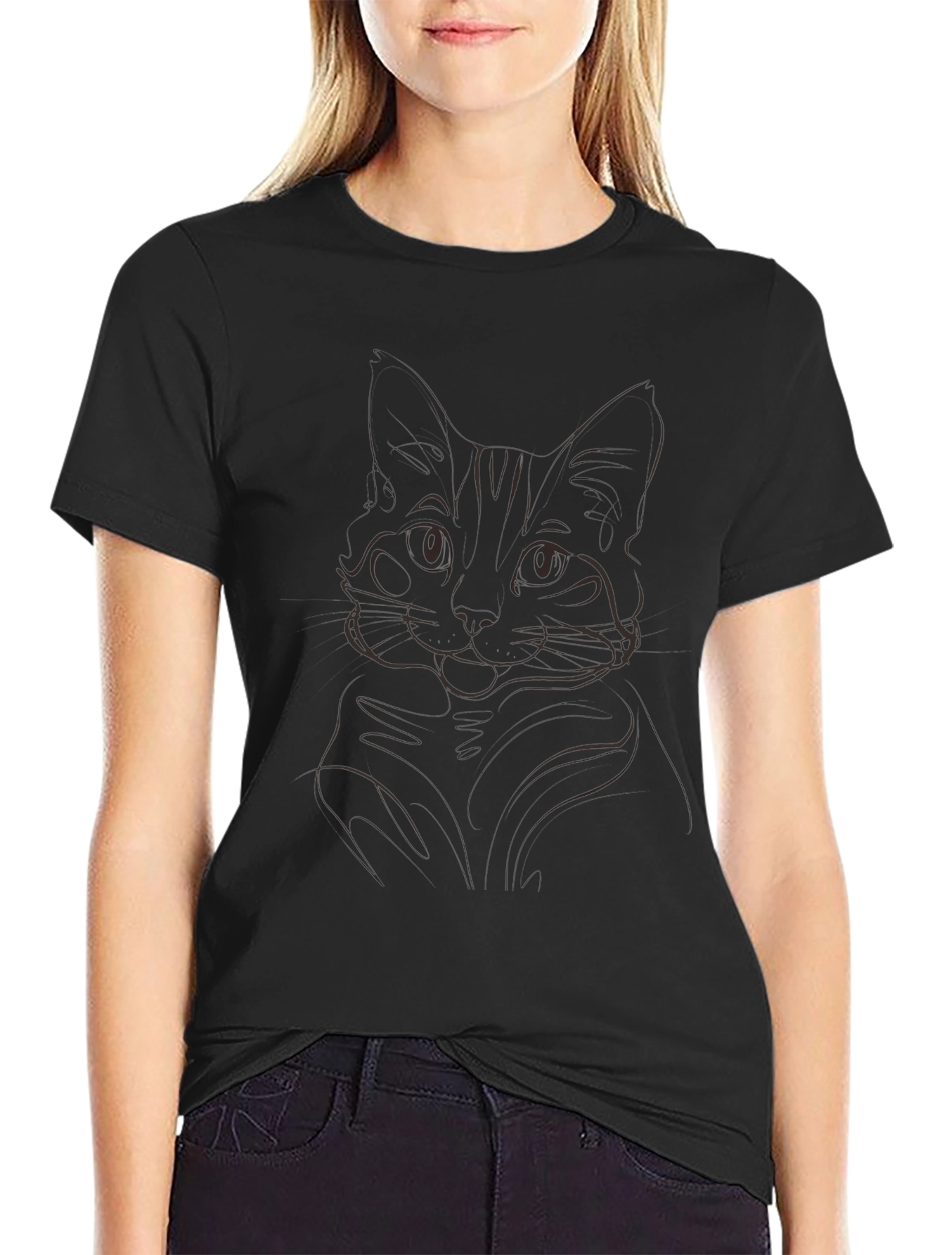 Cat Outline Black T-Shirt - Minimalist Style