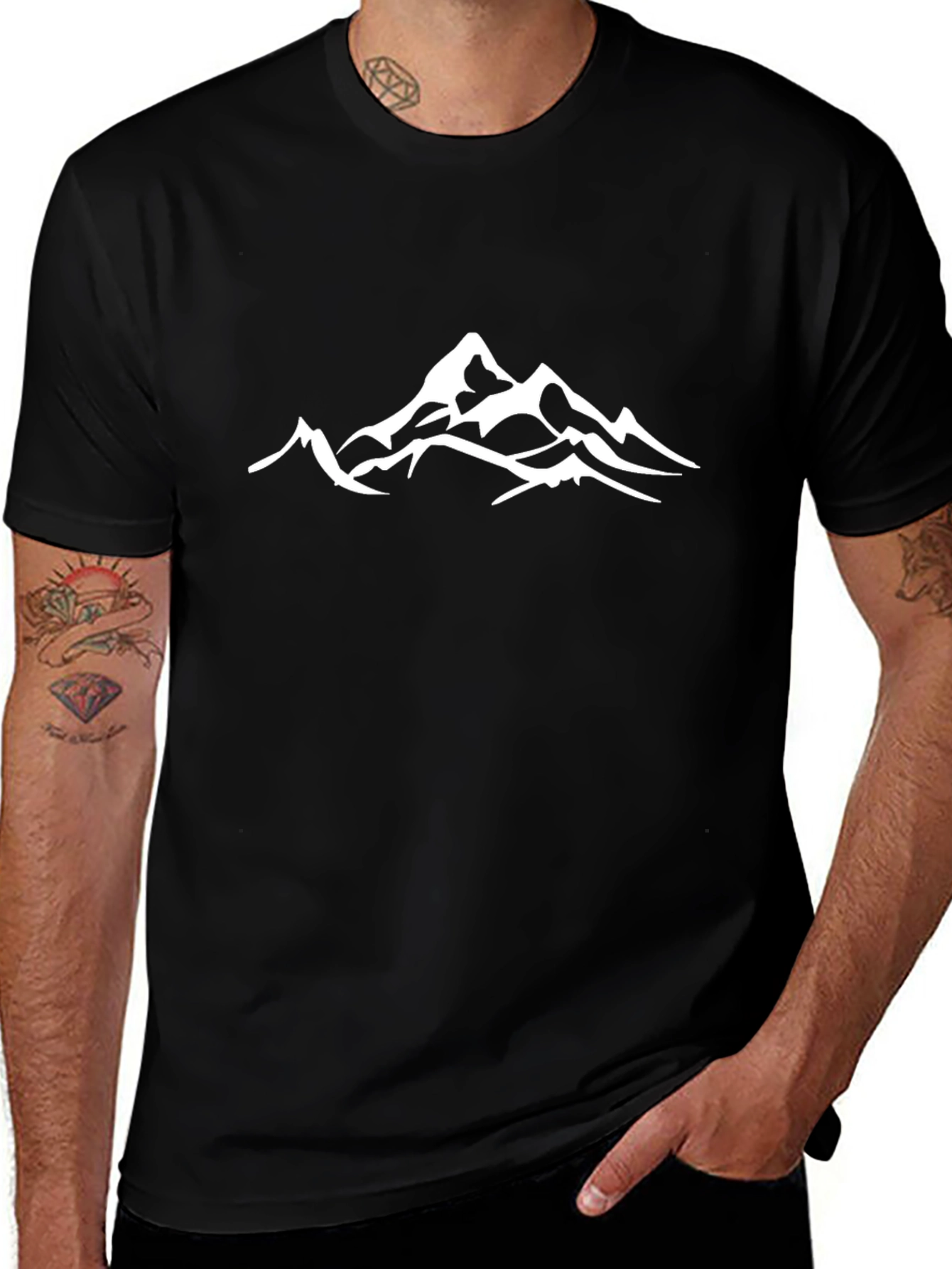 Mountain Peak Graphic Tee - Black Cotton Casual T-Shirt