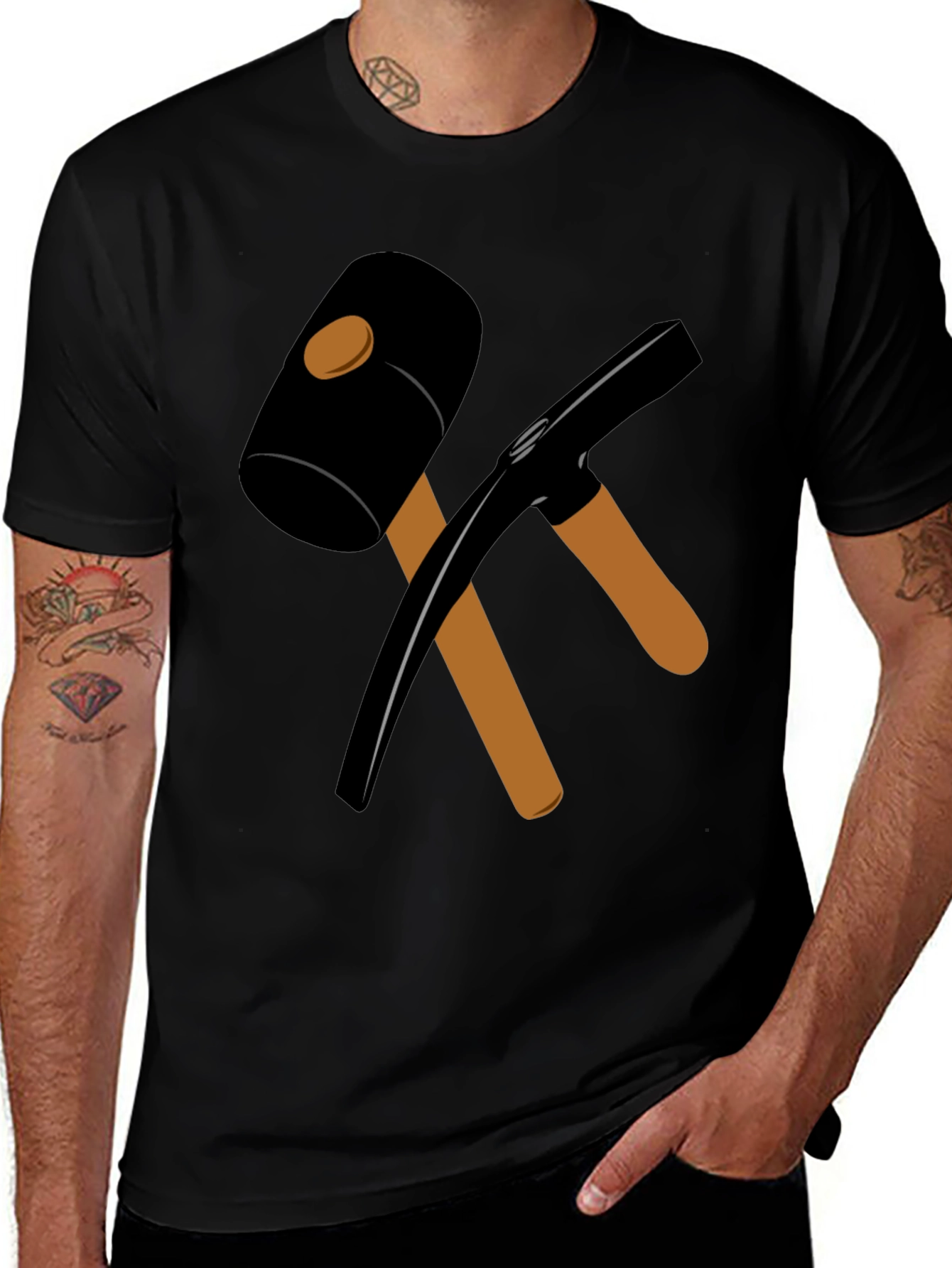 Black T-Shirt with Crossed Hammer & Pickaxe Design