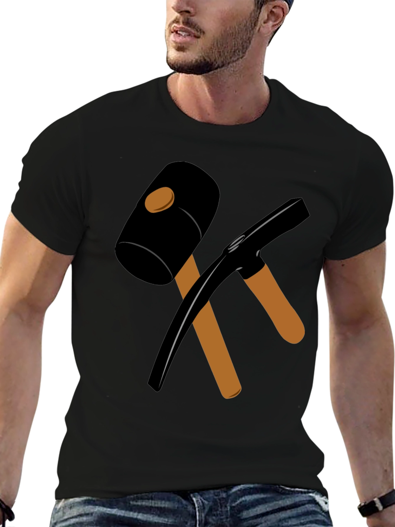 Black T-Shirt with Crossed Hammer & Pickaxe Design