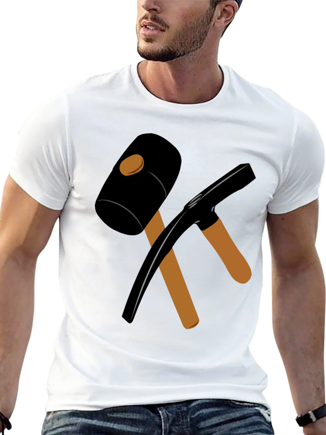 Black T-Shirt with Crossed Hammer & Pickaxe Design