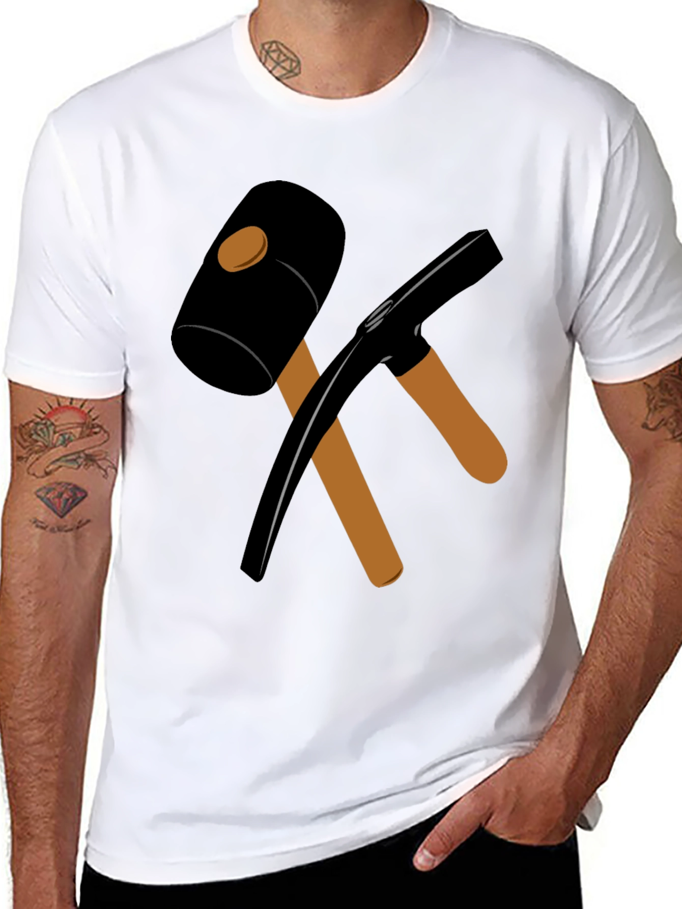 Black T-Shirt with Crossed Hammer & Pickaxe Design