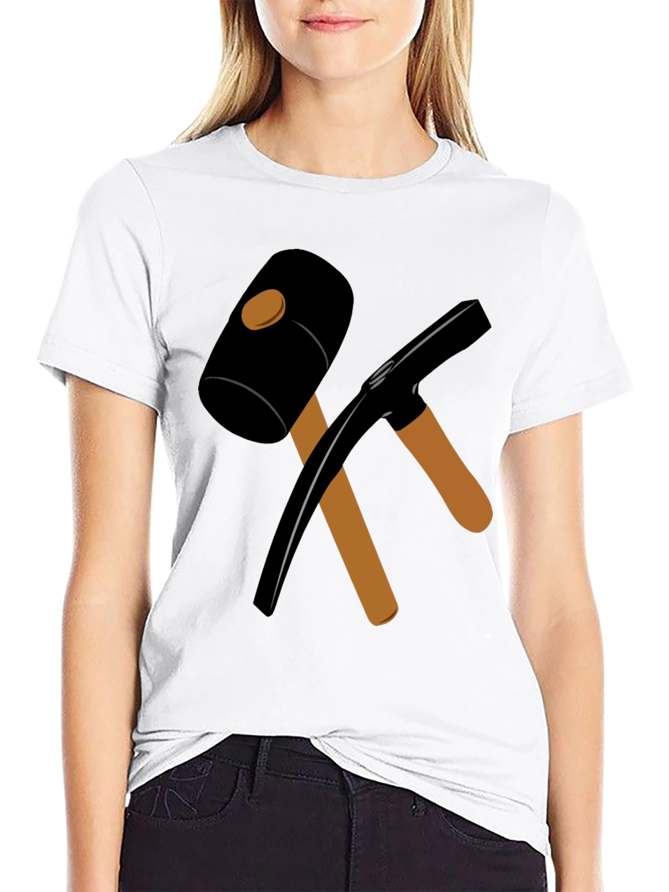 Black T-Shirt with Crossed Hammer & Pickaxe Design