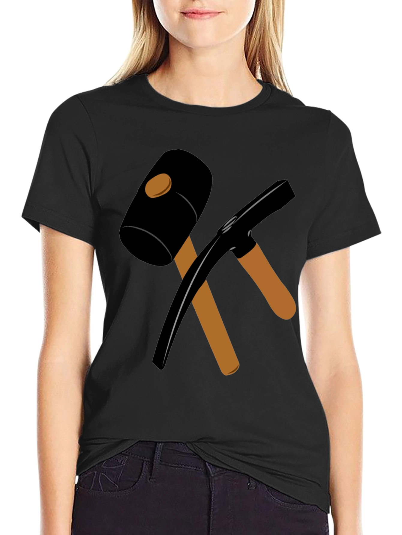 Black T-Shirt with Crossed Hammer & Pickaxe Design