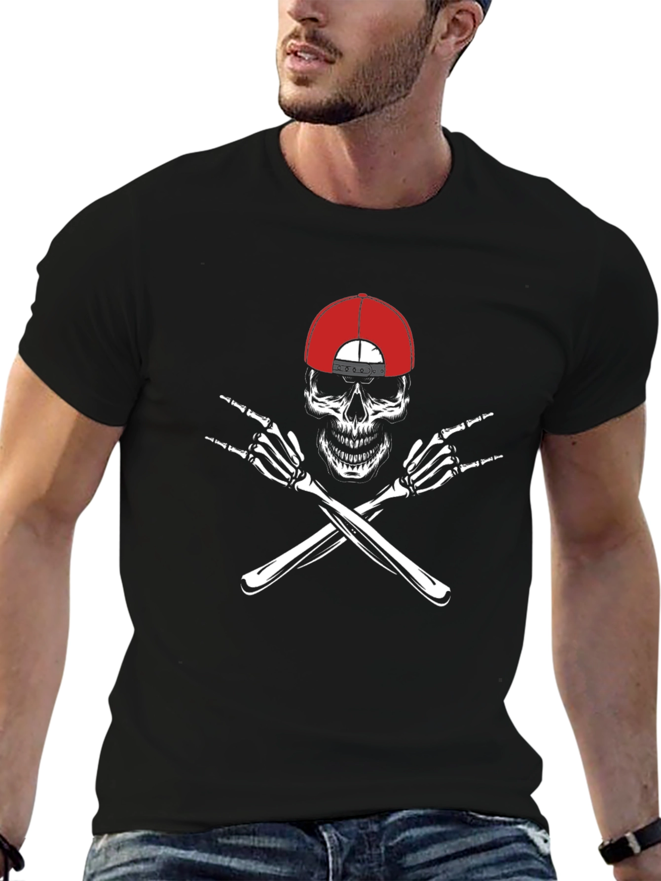 Skull with Hat & Rock On Hands Graphic Tee