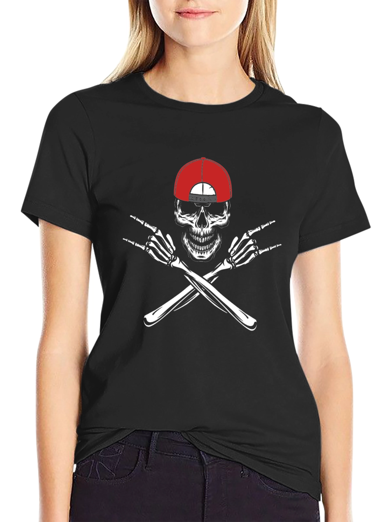 Skull with Hat & Rock On Hands Graphic Tee