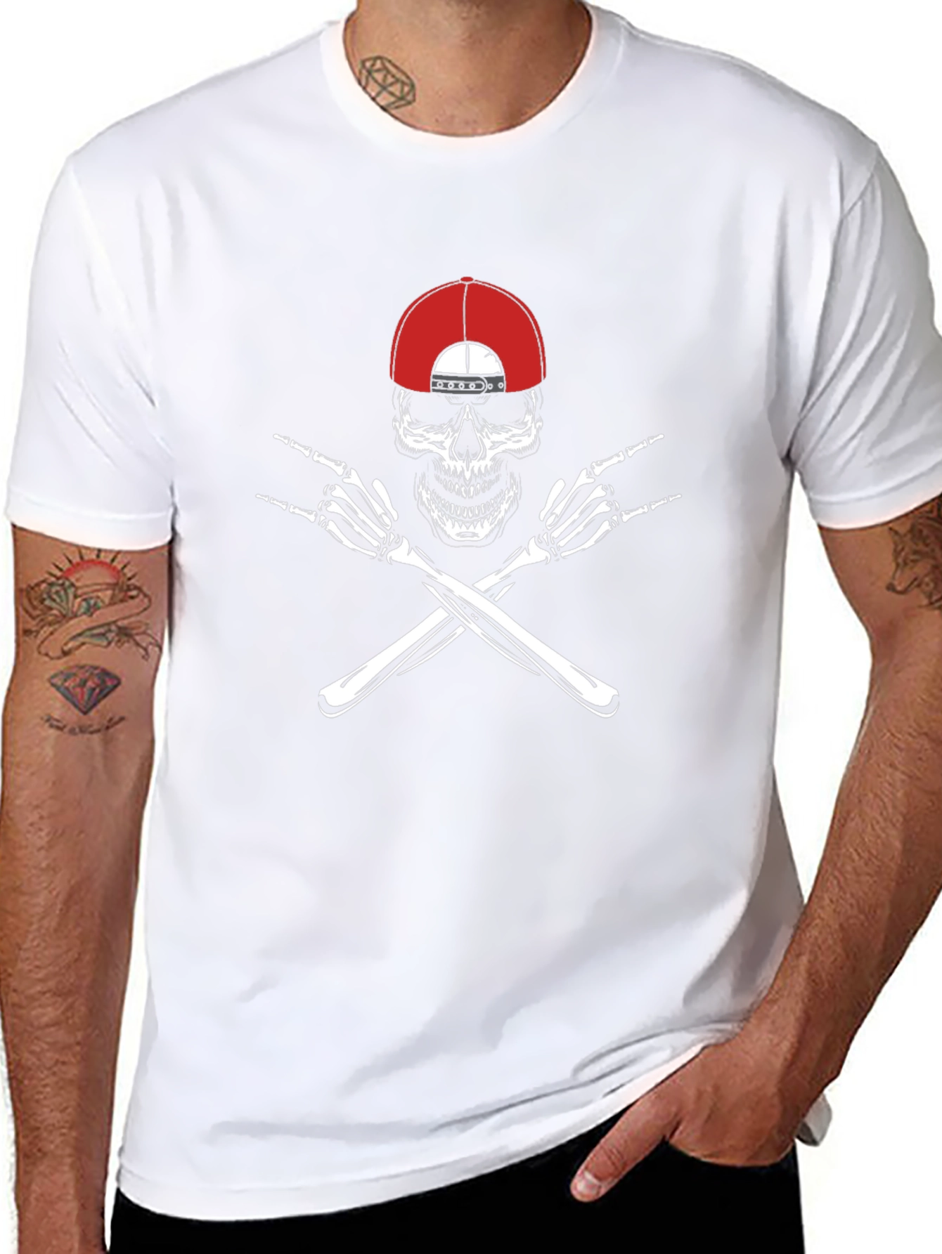 Skull with Hat & Rock On Hands Graphic Tee