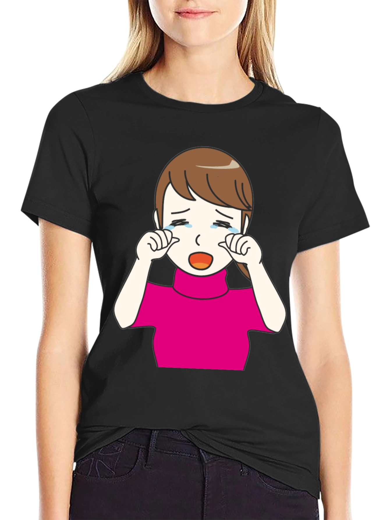 Crying Girl Graphic T-Shirt - Trendy Black Tee