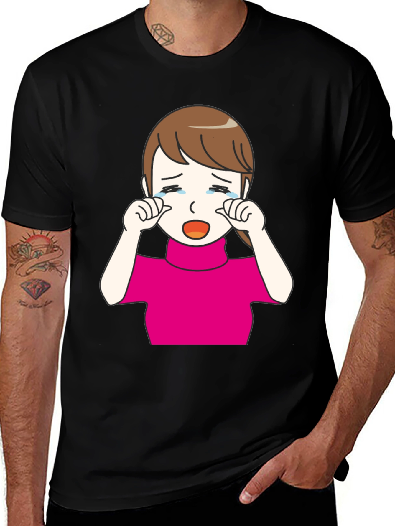 Crying Girl Graphic T-Shirt - Trendy Black Tee