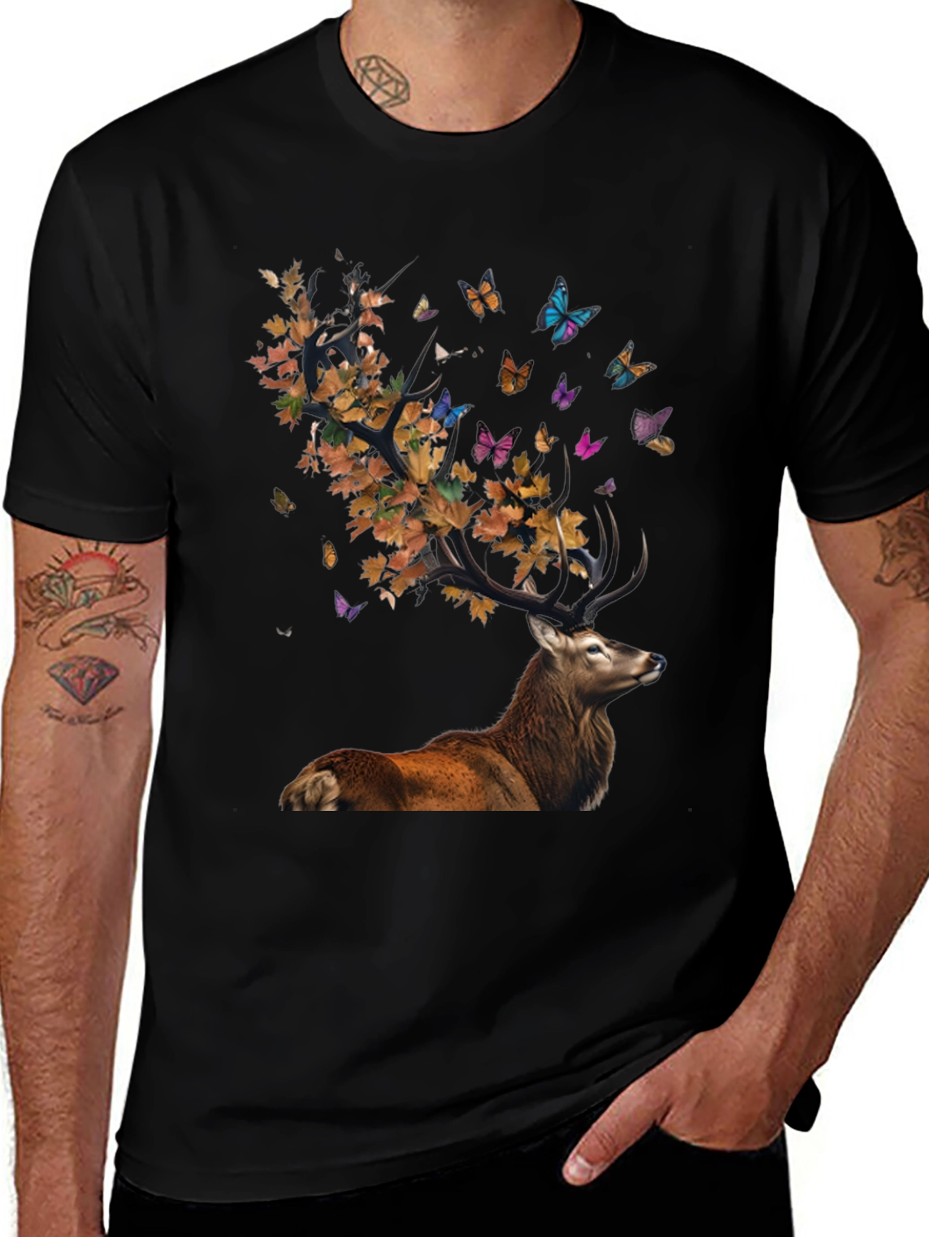 Deer with Leaves and Butterflies Graphic Tee
