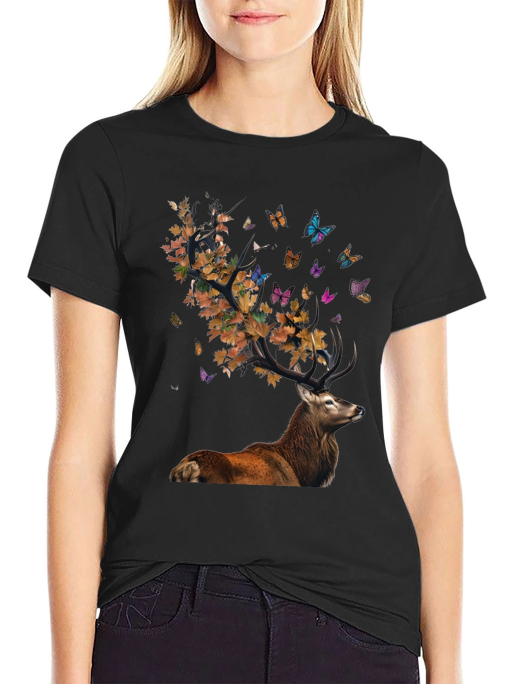 Deer with Leaves and Butterflies Graphic Tee