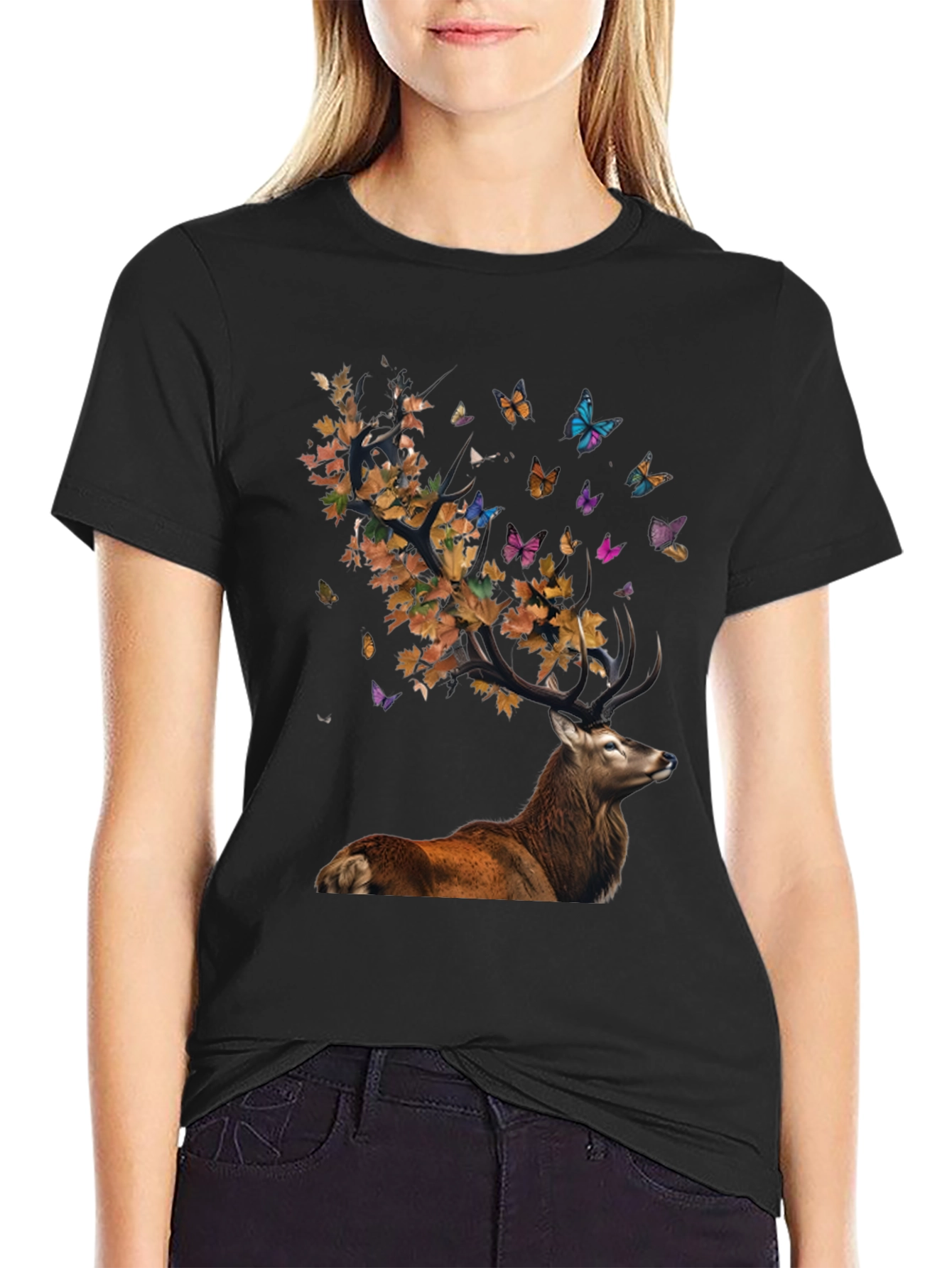 Deer with Leaves and Butterflies Graphic Tee