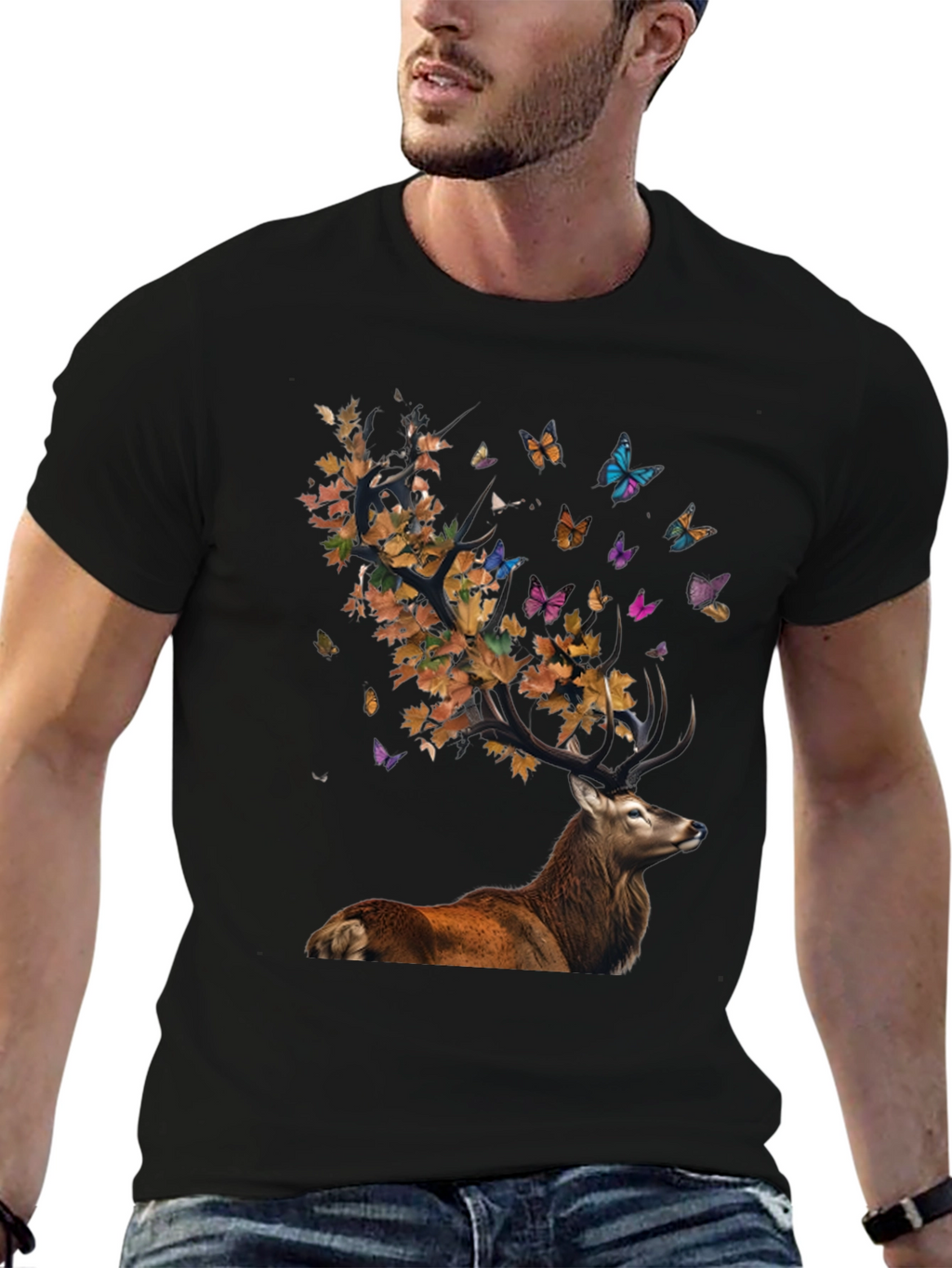 Deer with Leaves and Butterflies Graphic Tee