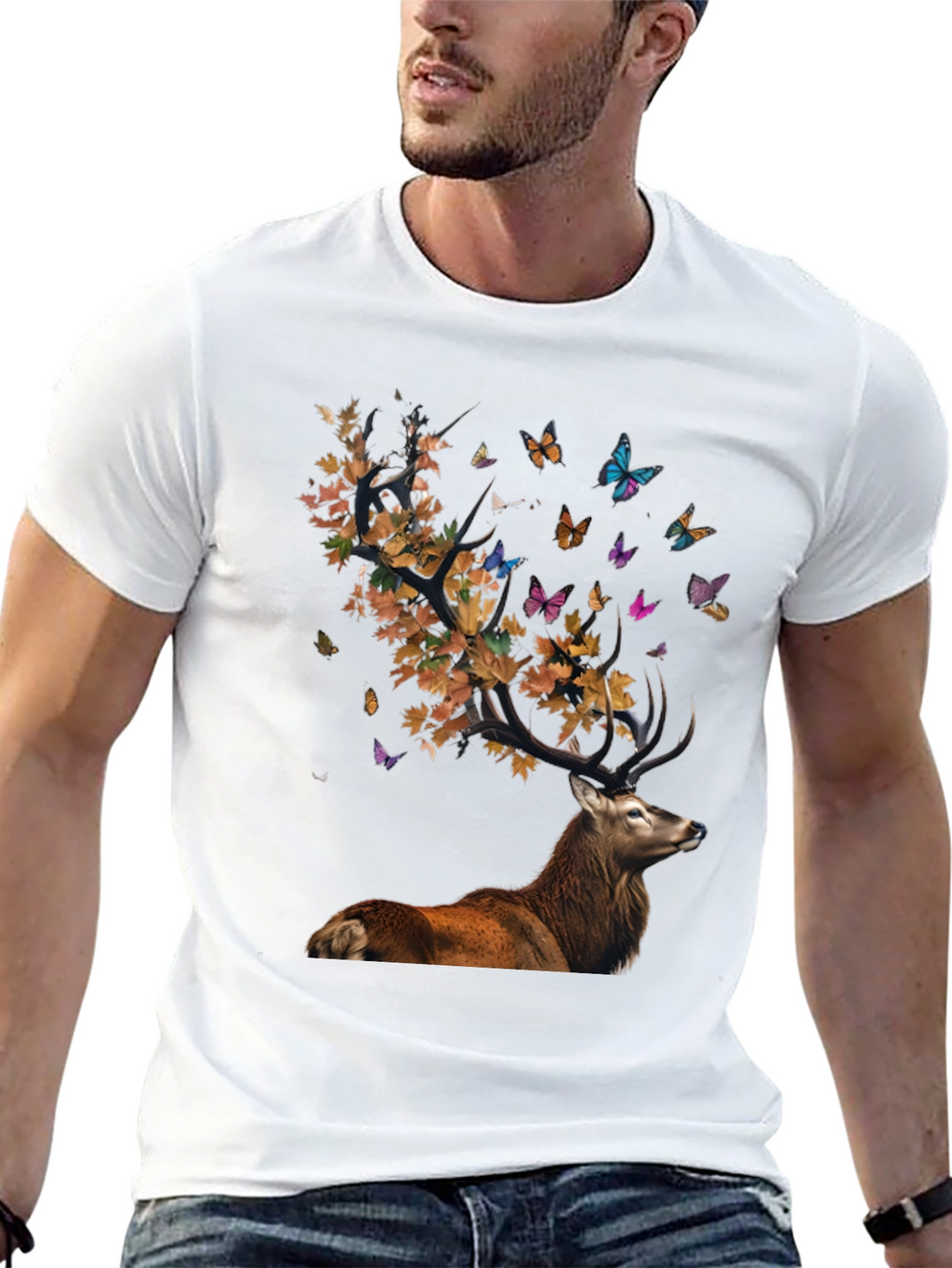 Deer with Leaves and Butterflies Graphic Tee