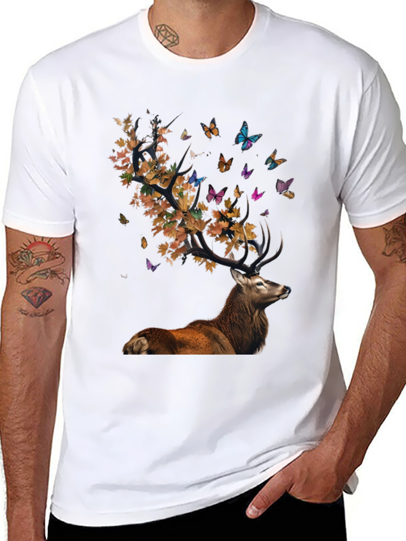 Deer with Leaves and Butterflies Graphic Tee