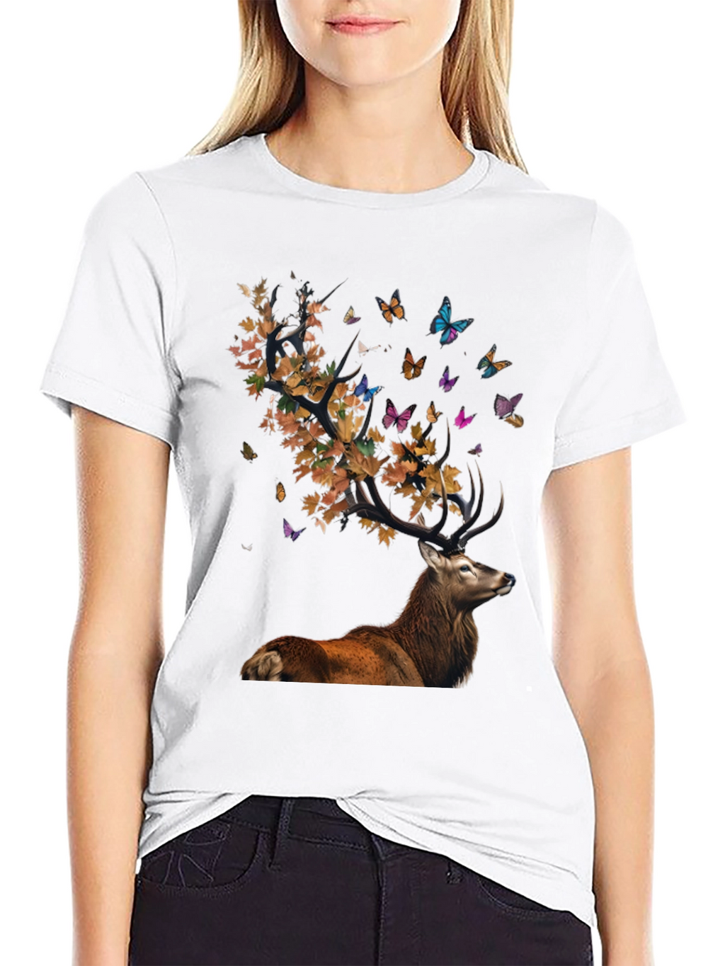 Deer with Leaves and Butterflies Graphic Tee