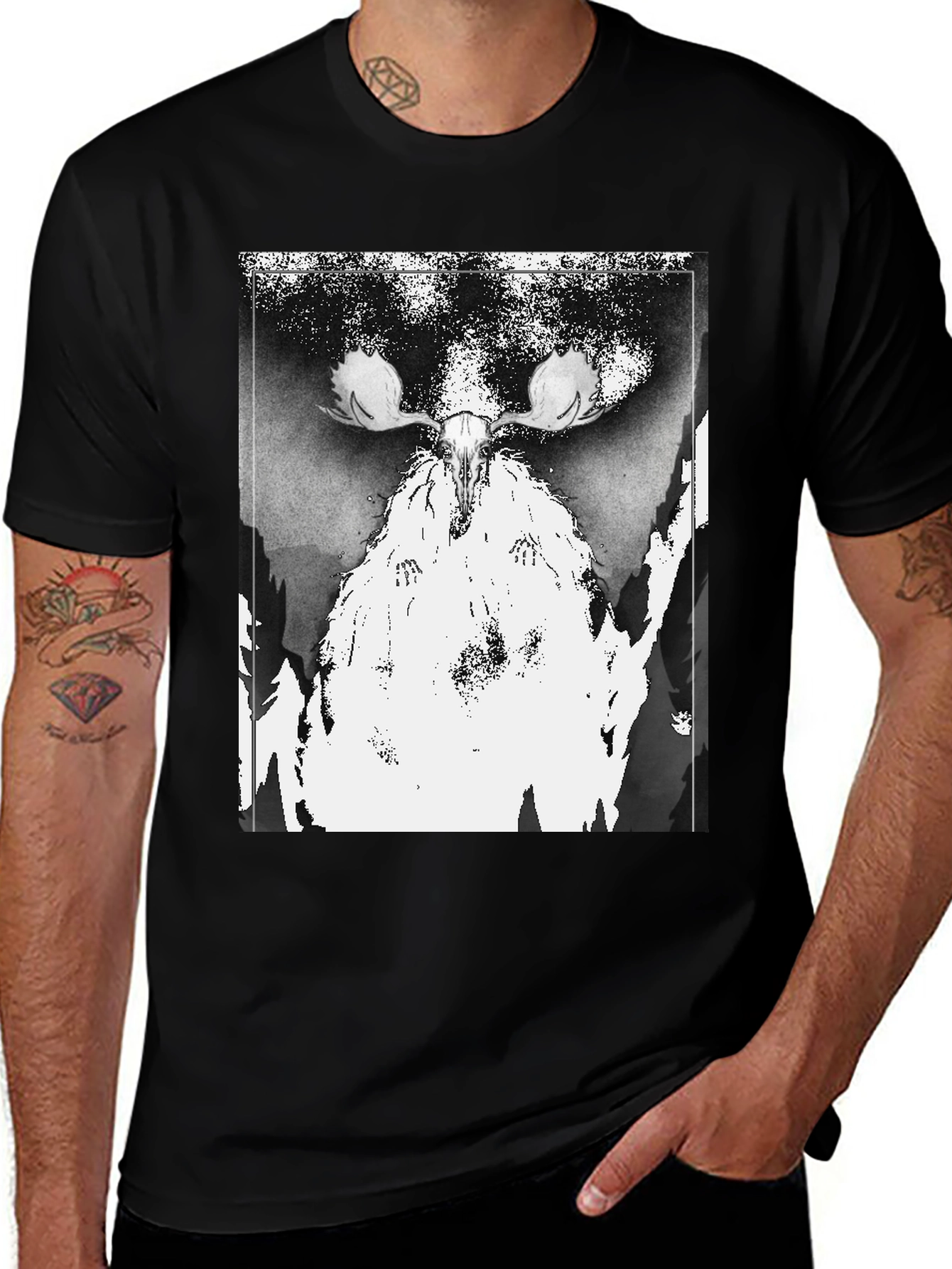 Black T-Shirt with Moose Skull Graphic