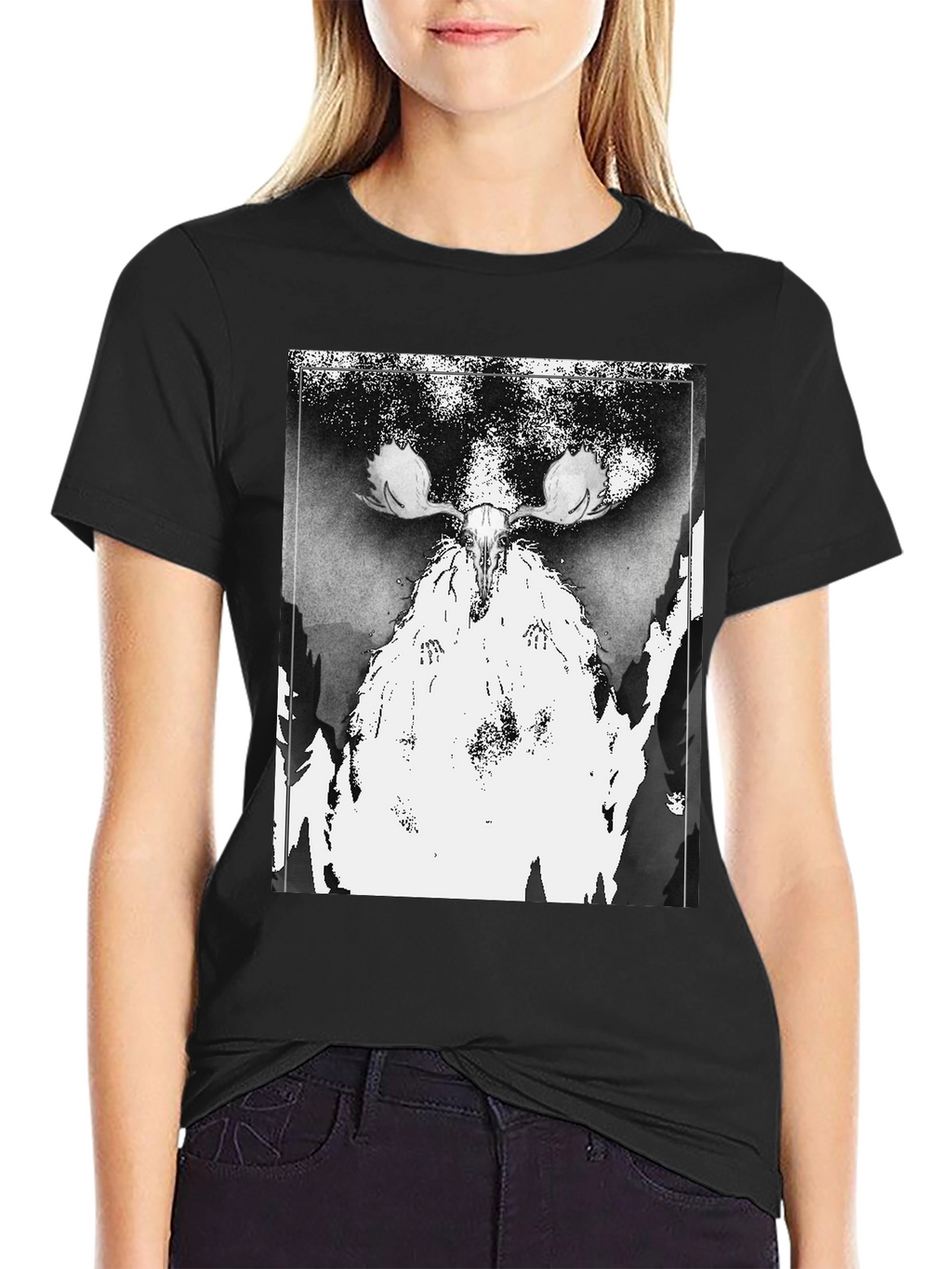 Black T-Shirt with Moose Skull Graphic