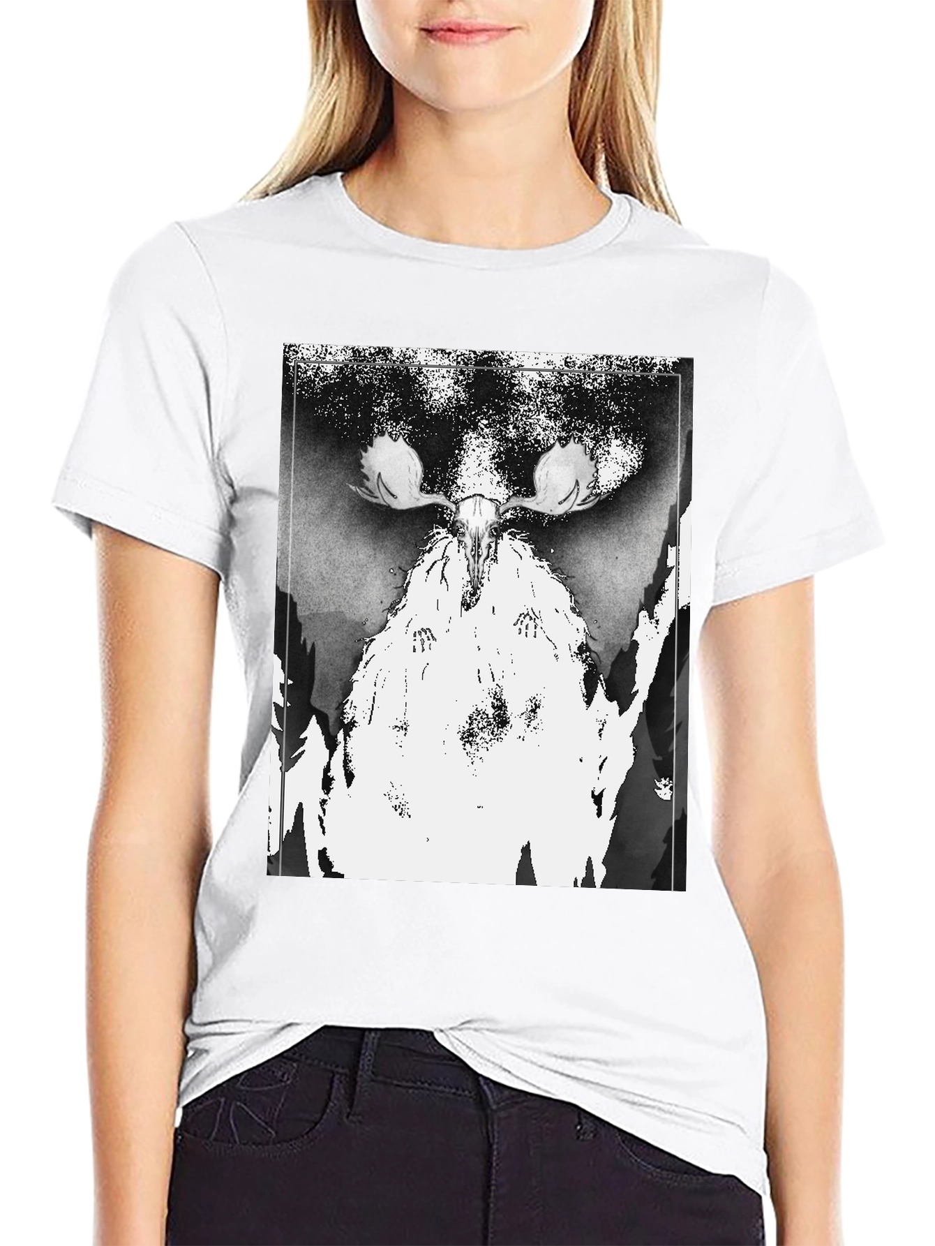 Black T-Shirt with Moose Skull Graphic