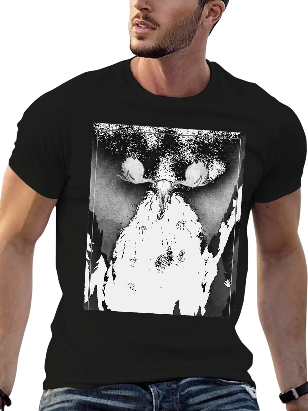 Black T-Shirt with Moose Skull Graphic