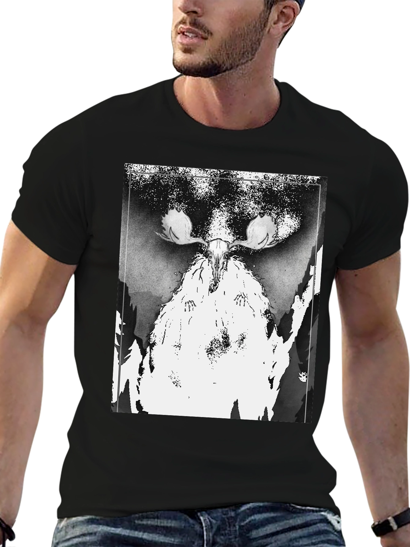 Black T-Shirt with Moose Skull Graphic