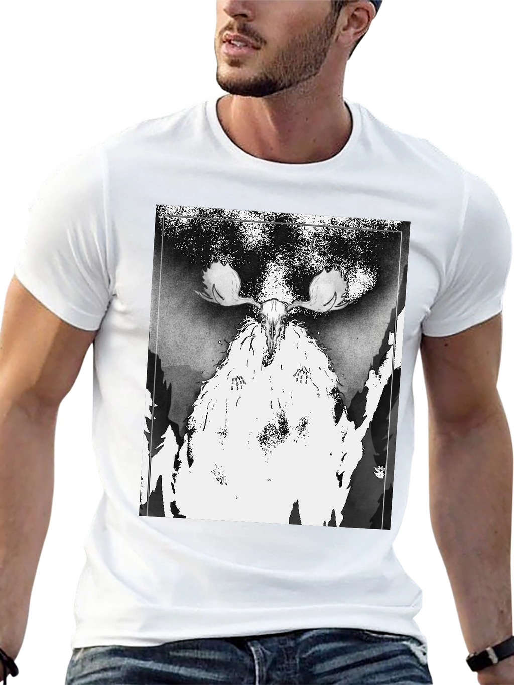 Black T-Shirt with Moose Skull Graphic