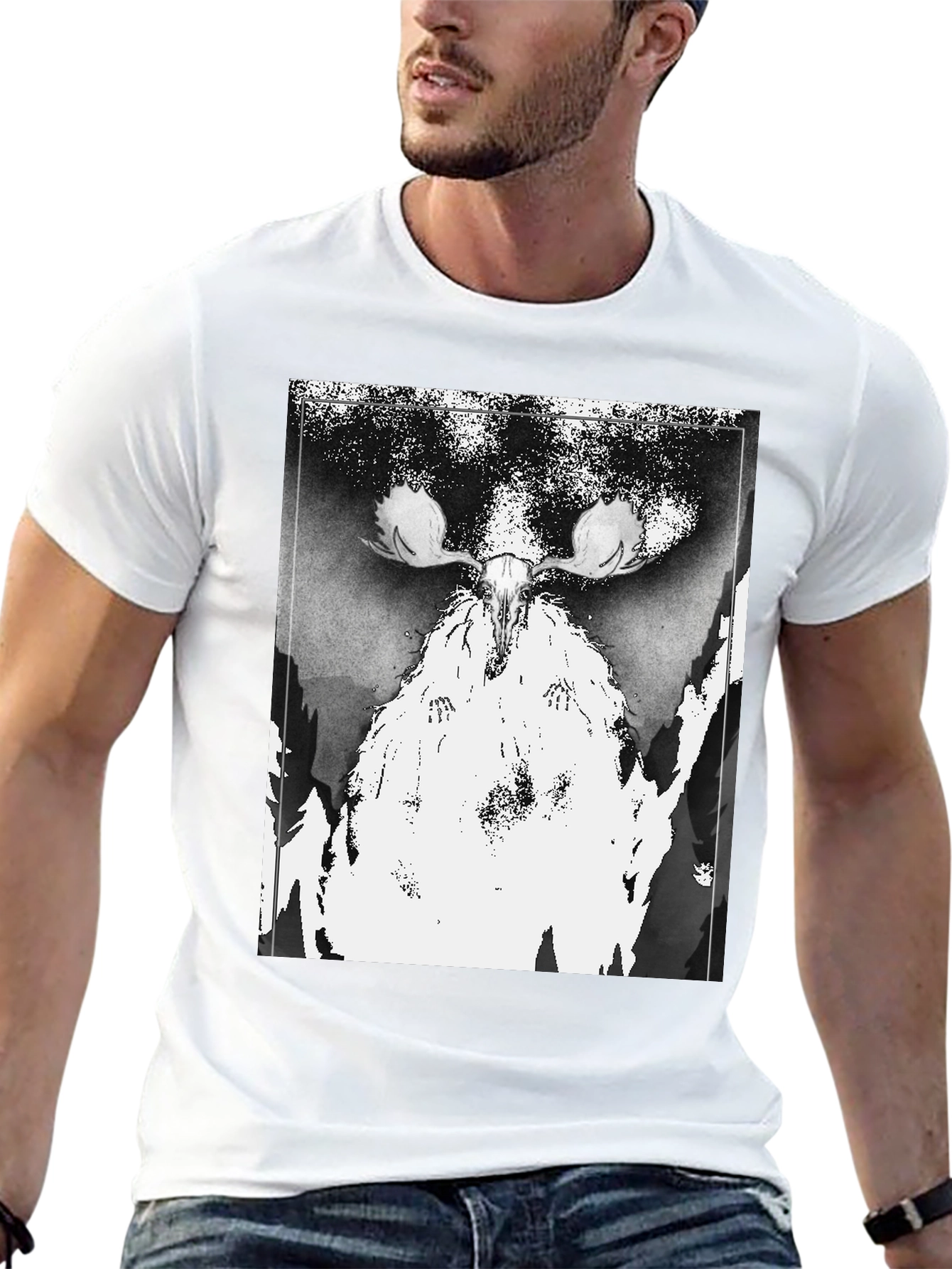 Black T-Shirt with Moose Skull Graphic