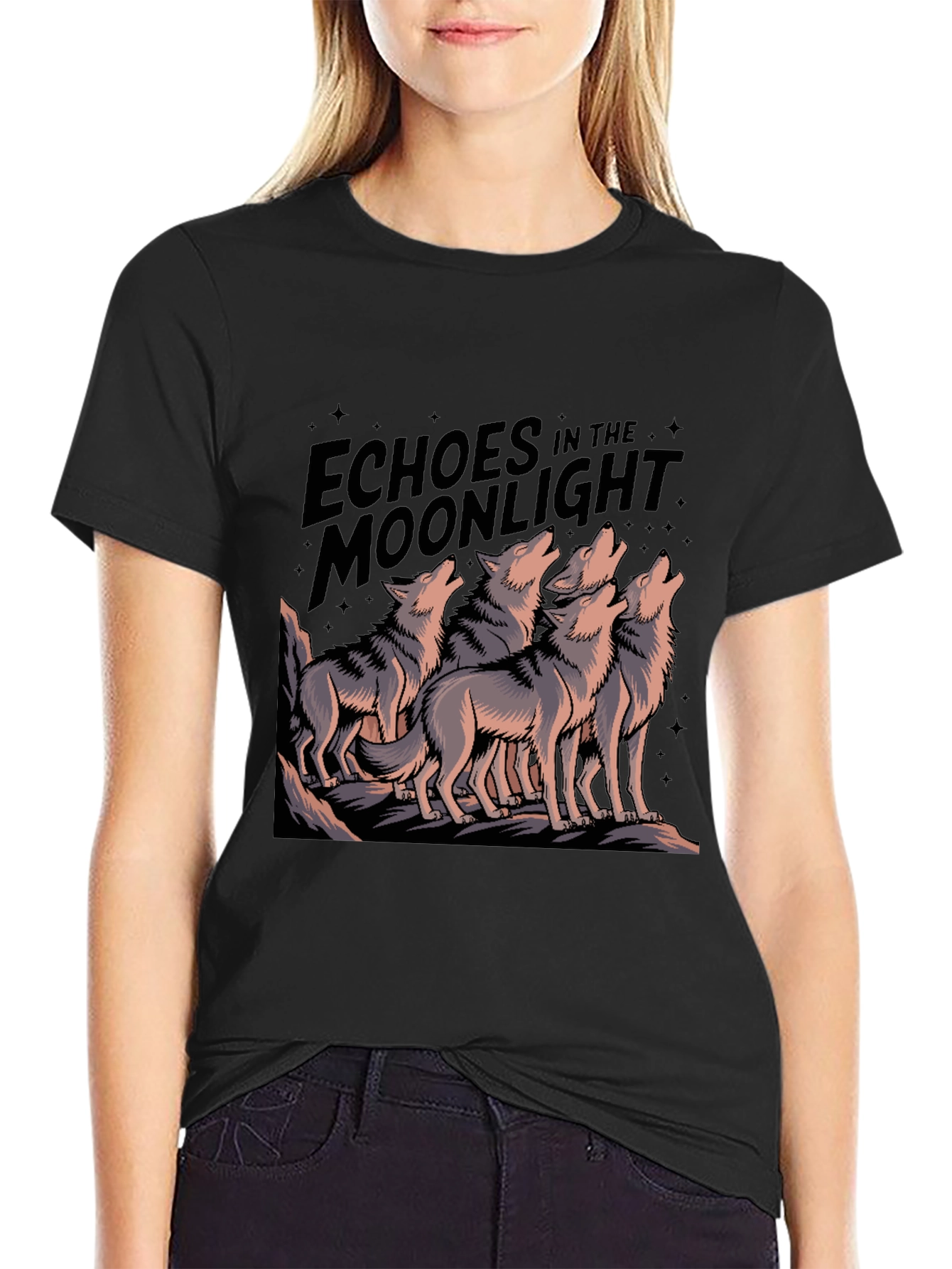 Echoes Moonlight Wolf Pack Black T-Shirt