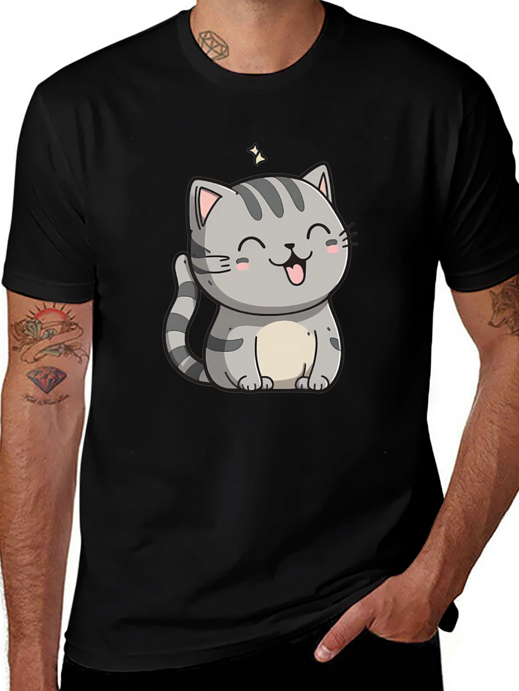 Cute Cartoon Cat Graphic Tee - Black