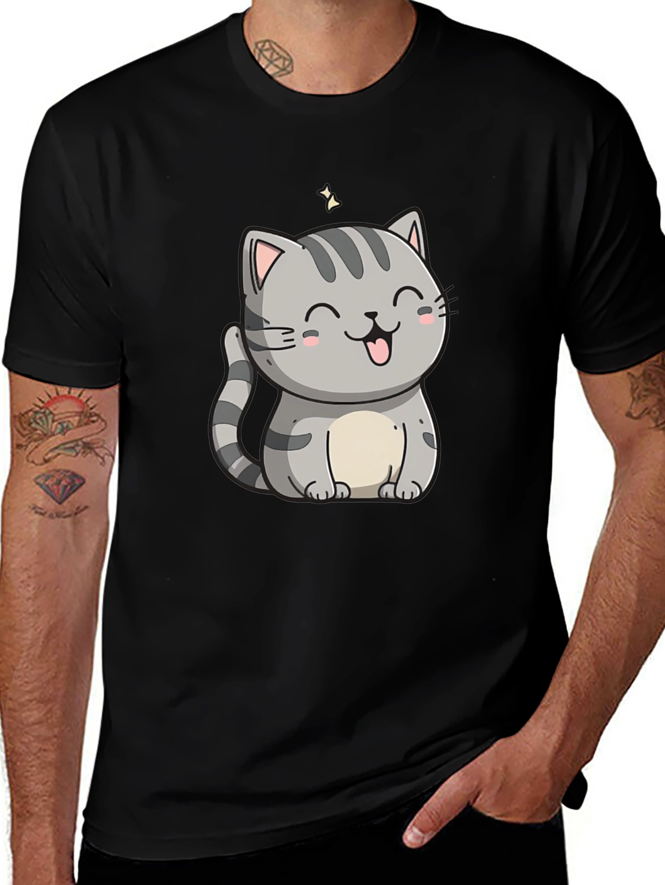 Cute Cartoon Cat Graphic Tee - Black