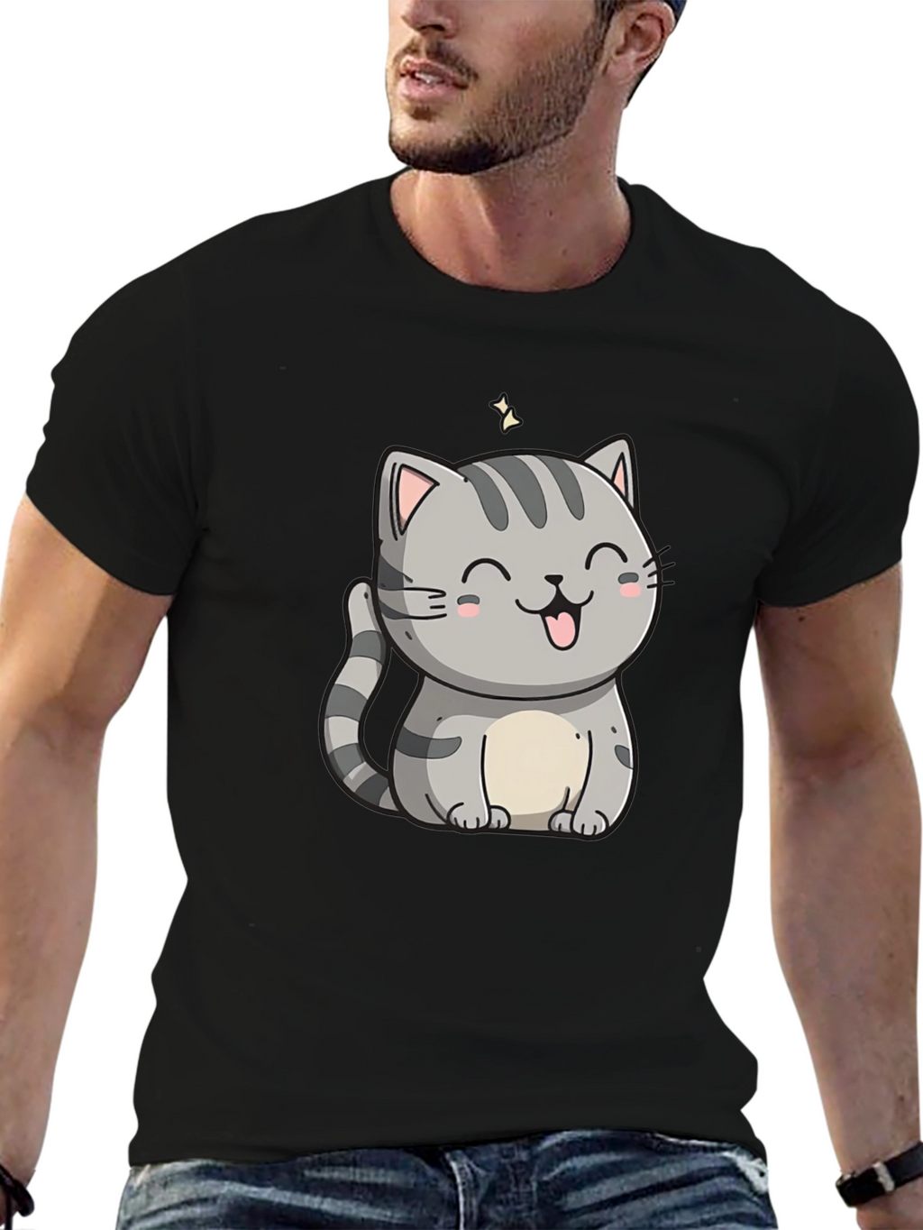 Cute Cartoon Cat Graphic Tee - Black