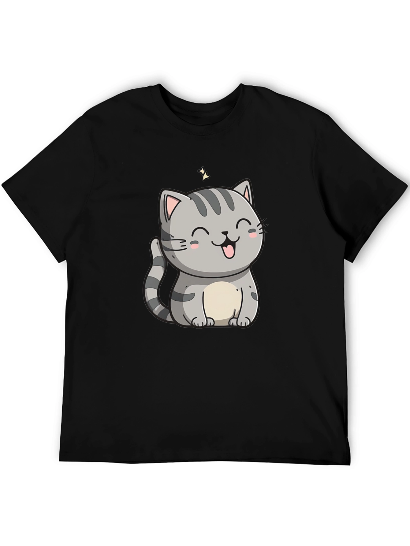 Cute Cartoon Cat Graphic Tee - Black