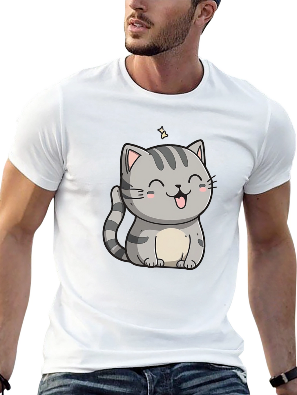 Cute Cartoon Cat Graphic Tee - Black