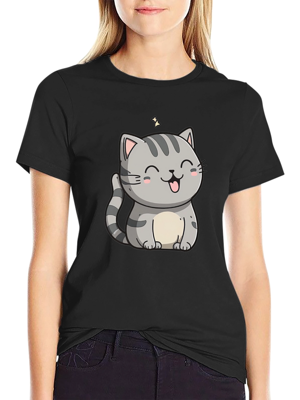 Cute Cartoon Cat Graphic Tee - Black