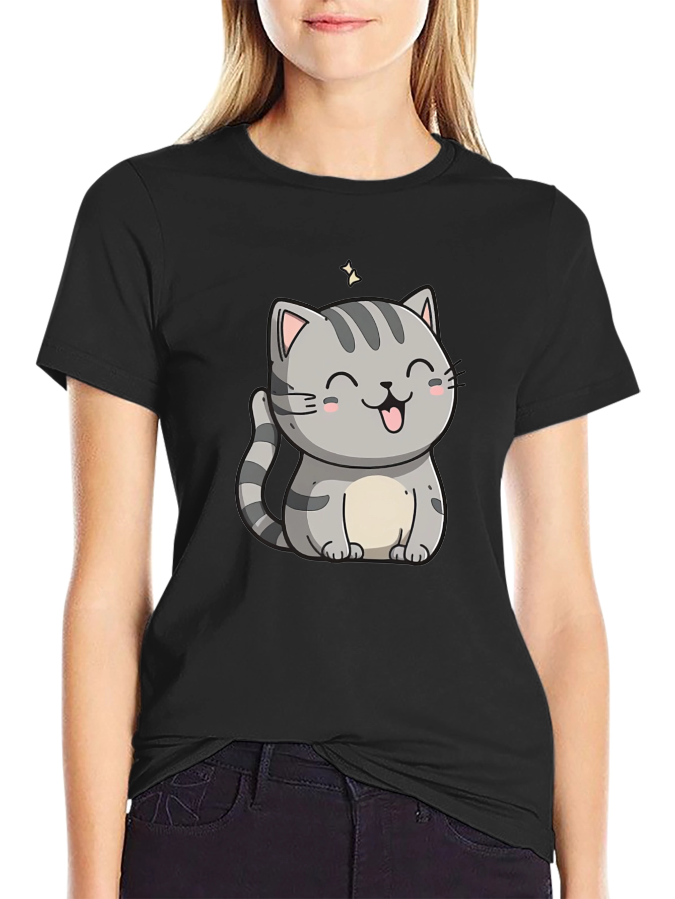 Cute Cartoon Cat Graphic Tee - Black