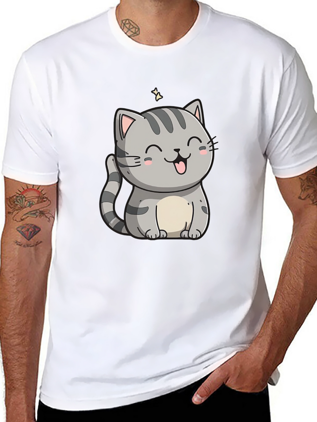 Cute Cartoon Cat Graphic Tee - Black