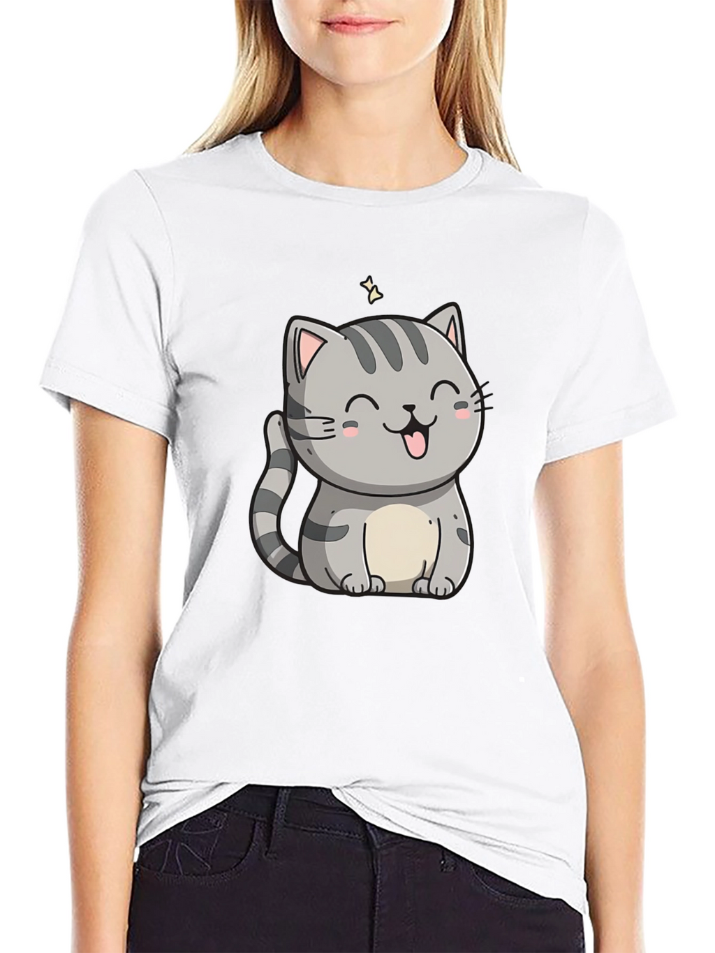 Cute Cartoon Cat Graphic Tee - Black
